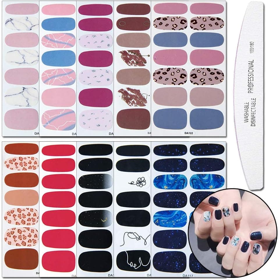 WOKOTO 10 Sheets Adhesive Nail Polish Strips With 1Pc Nail File Leopard Print Nail Wraps Stickers Decals Tips Manicure Accessories