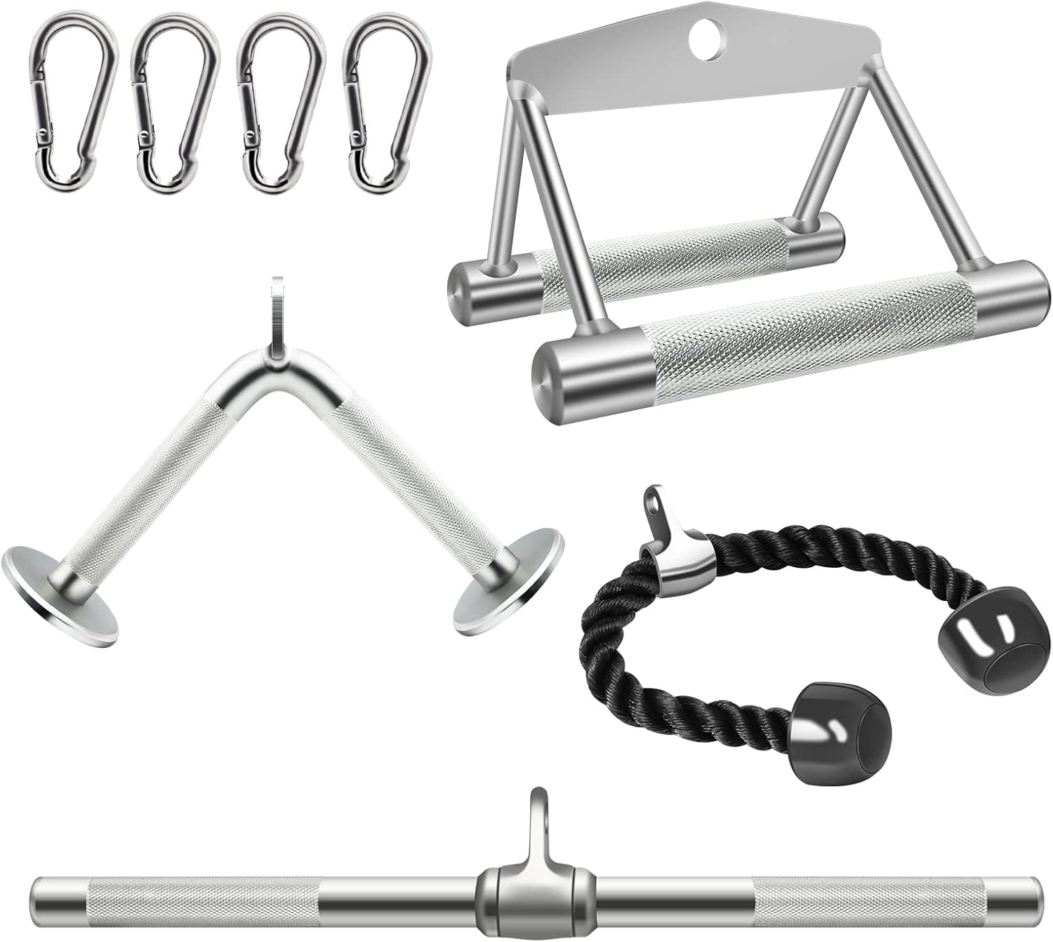 Cable Machine Attachments, Pull Down Accessories, V-Shaped Bar, Tricep Rope, Rotating Straight Bar, Double D Handle, Pulley Tricep Press Down Body Solid Cable Attachments Exercise Set (Silver)