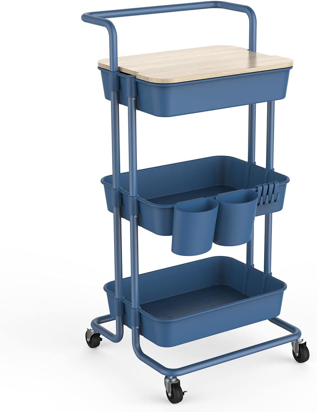 DTK 3 Tier Utility Rolling Cart with Cover Board, Rolling Storage Cart with Handle and Locking Wheels Kitchen Cart with 2 Small Baskets and 4 Hooks for Bathroom Office Balcony Living Room(Blue)