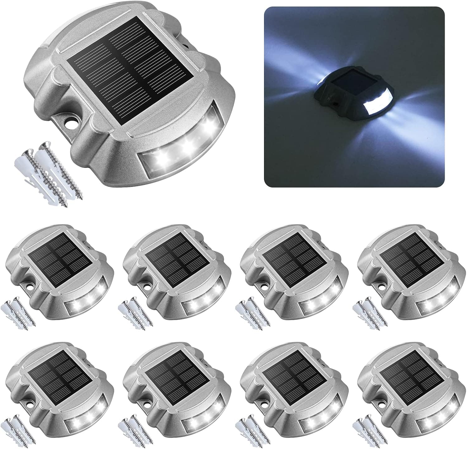 VOLISUN Solar Deck Lights Driveway Dock Lights, 8-Pack Led Wireless IP67 Waterproof Outdoor Warning Step Lights for Driveway Sidewalk Garden Pathway Yard(White)