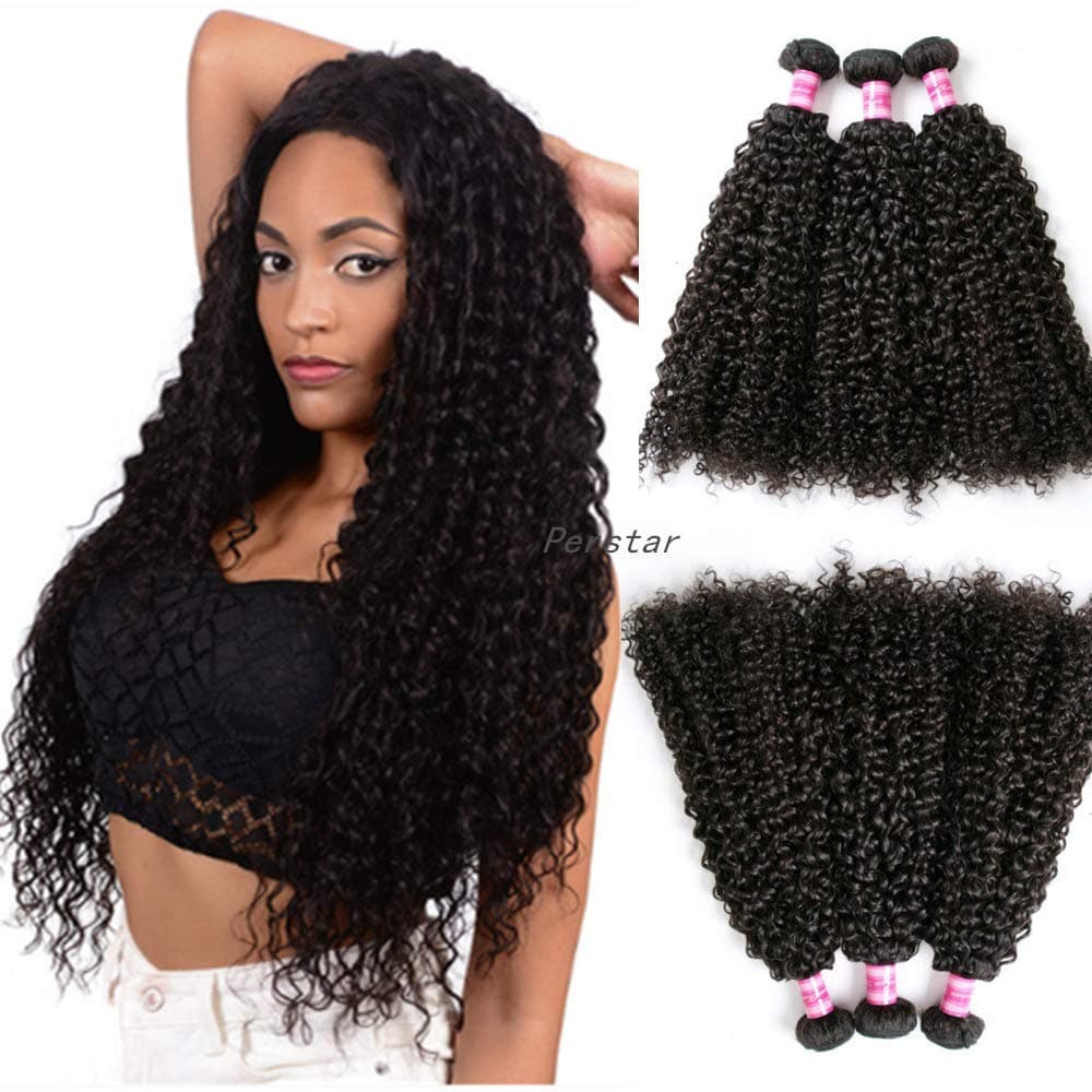 Brazilian Curly Hair Weave 3 Bundles 100% Unprocessed Brazilian Virgin Kinkys Curly Human Hair Extensions (10 12 14, Natural Color)