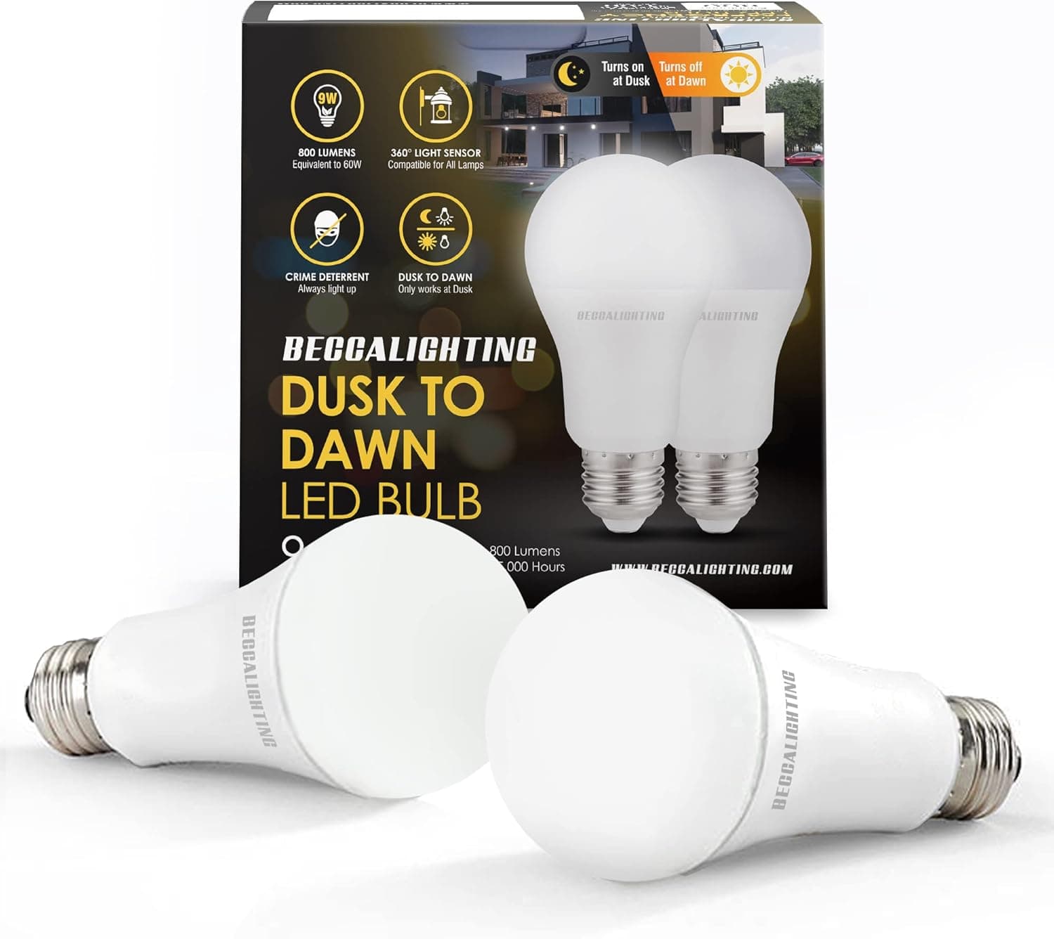 BECCALIGHTING Dusk to Dawn LED Light Bulb Light Sensor with Microwave Sensor 9W E26/E27 Automatic On/Off, Indoor/Outdoor Yard Porch Patio Garage Garden, Warm White, UL Listed, 2-Pack