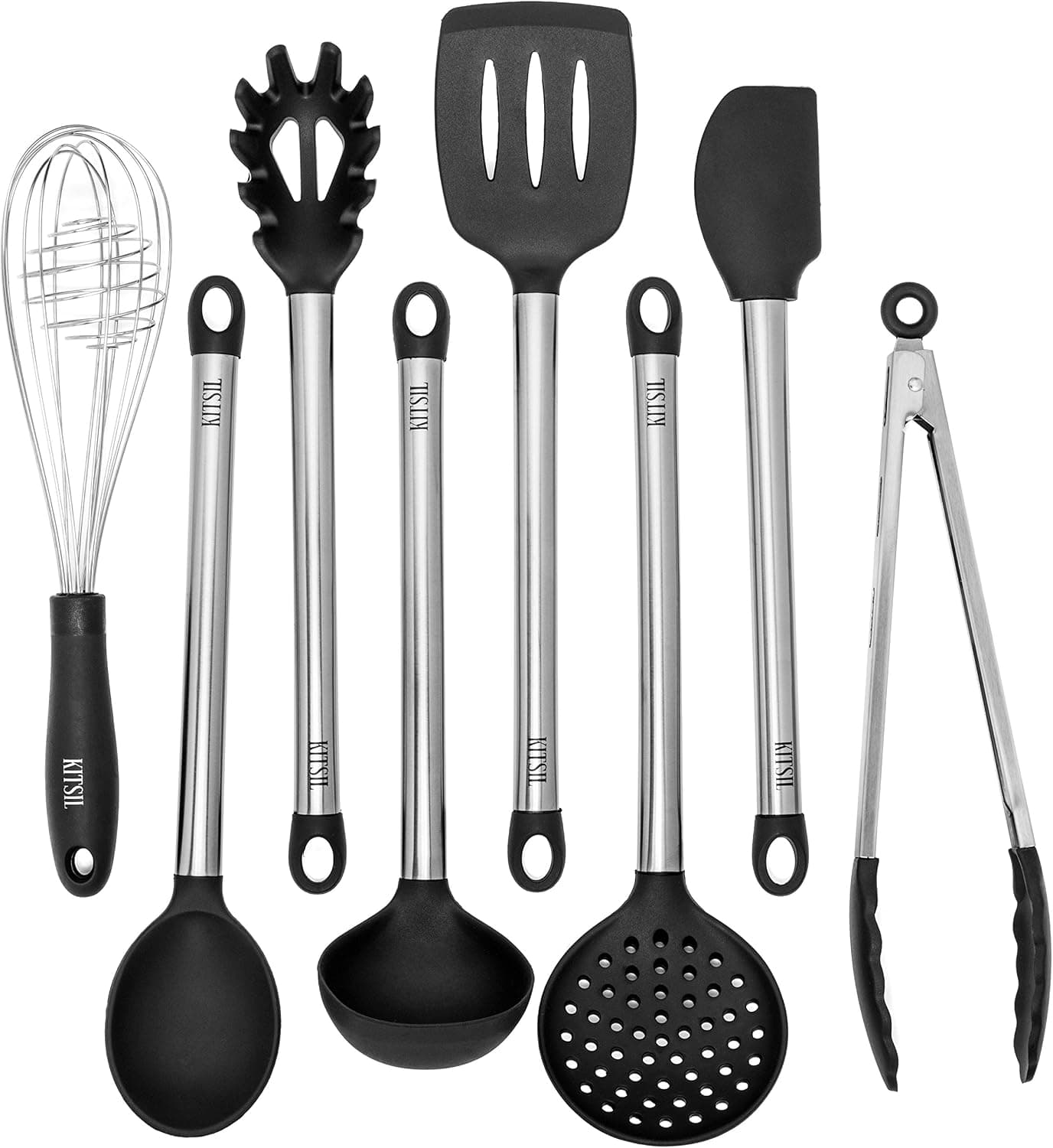 Kitchen Utensil Set - 8 Piece Cooking Utensil Set - Silicone and Heat Resistant Stainless Steel Utensils for Nonstick Cookware - Serving Utensils Includes - Spoons, Spatula, Tongs, Whisk, Ladle, Pasta