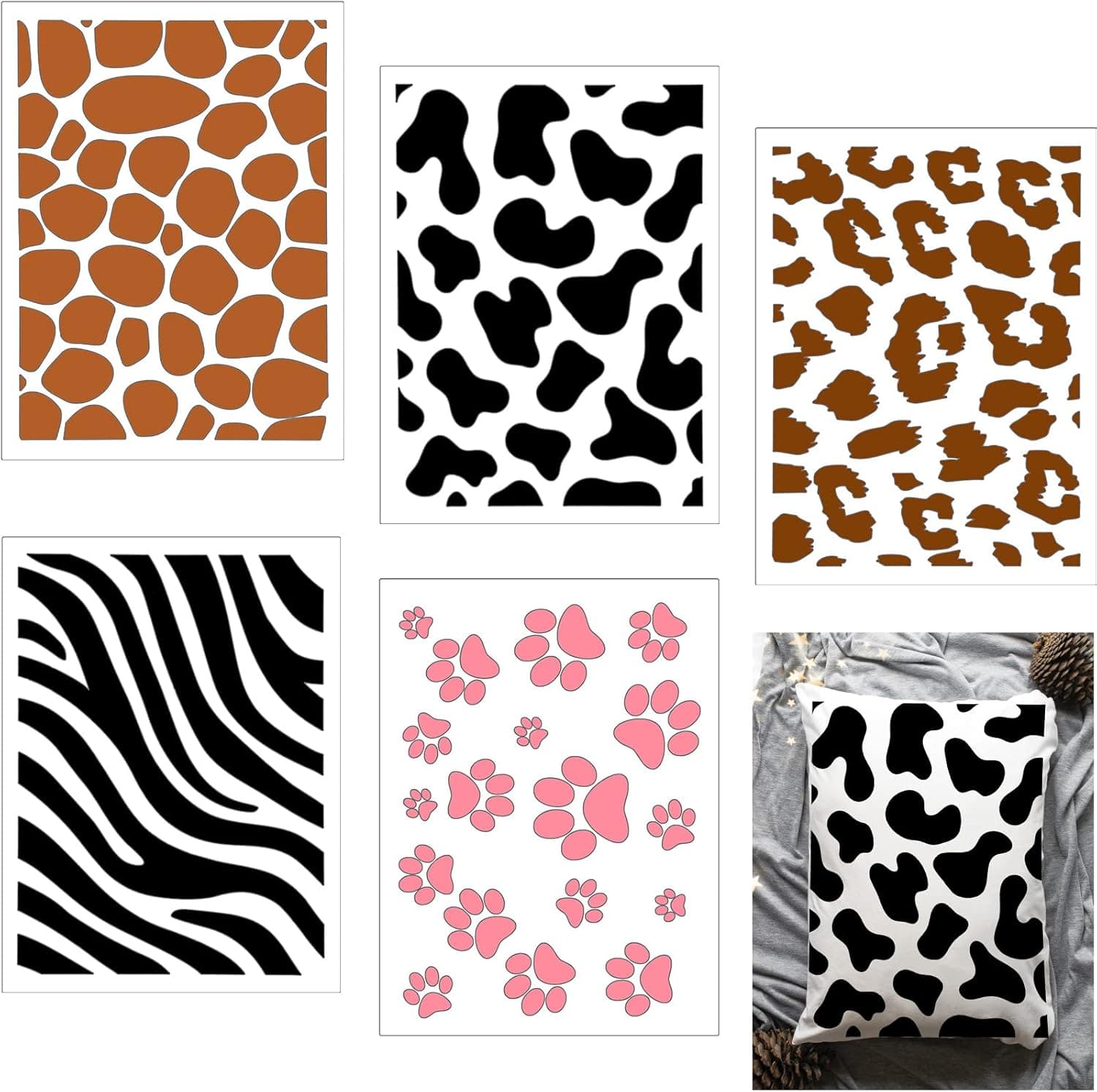 5 Pieces Animal Print Stencil, Animal Skin Stencil 8 x 6 Inches Leopard Makeup Stencil Zebra Painting Stencil Reusable Cheetah Template Plastic Cow Giraffe Stencil for Painting on Wall Face Body