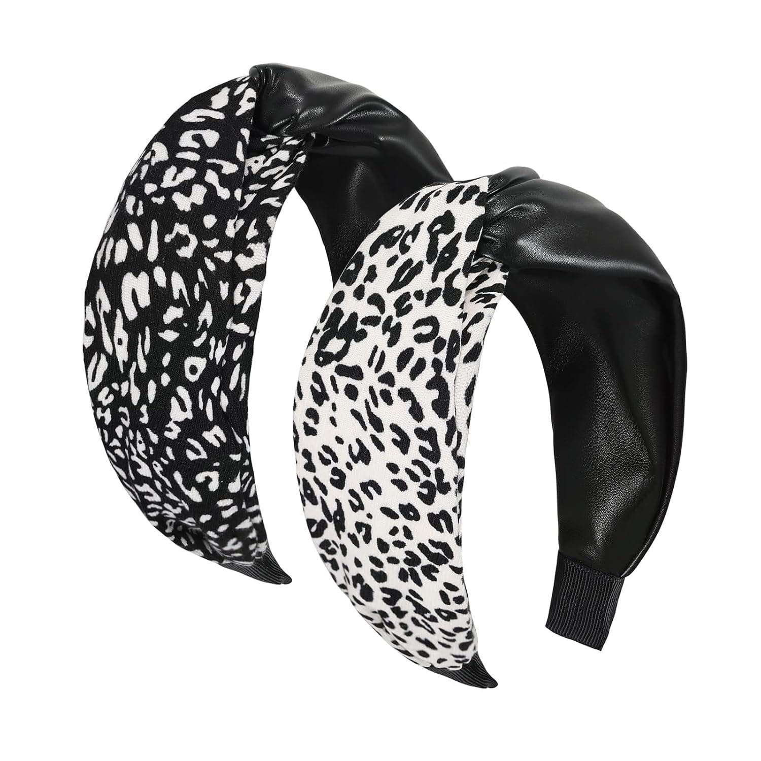 Fashion Leopard Headband for Women Leather and Cloth Stitching Wide Headband Knotted Headband Black and White Point Hairband 2 Pieces Hair Accessories Suitable for Dating, Dressing Work Party