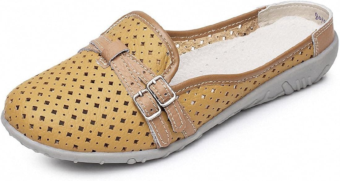 Women's Hollow Leather Backless Loafers Casual Slip On Mules Moccasins