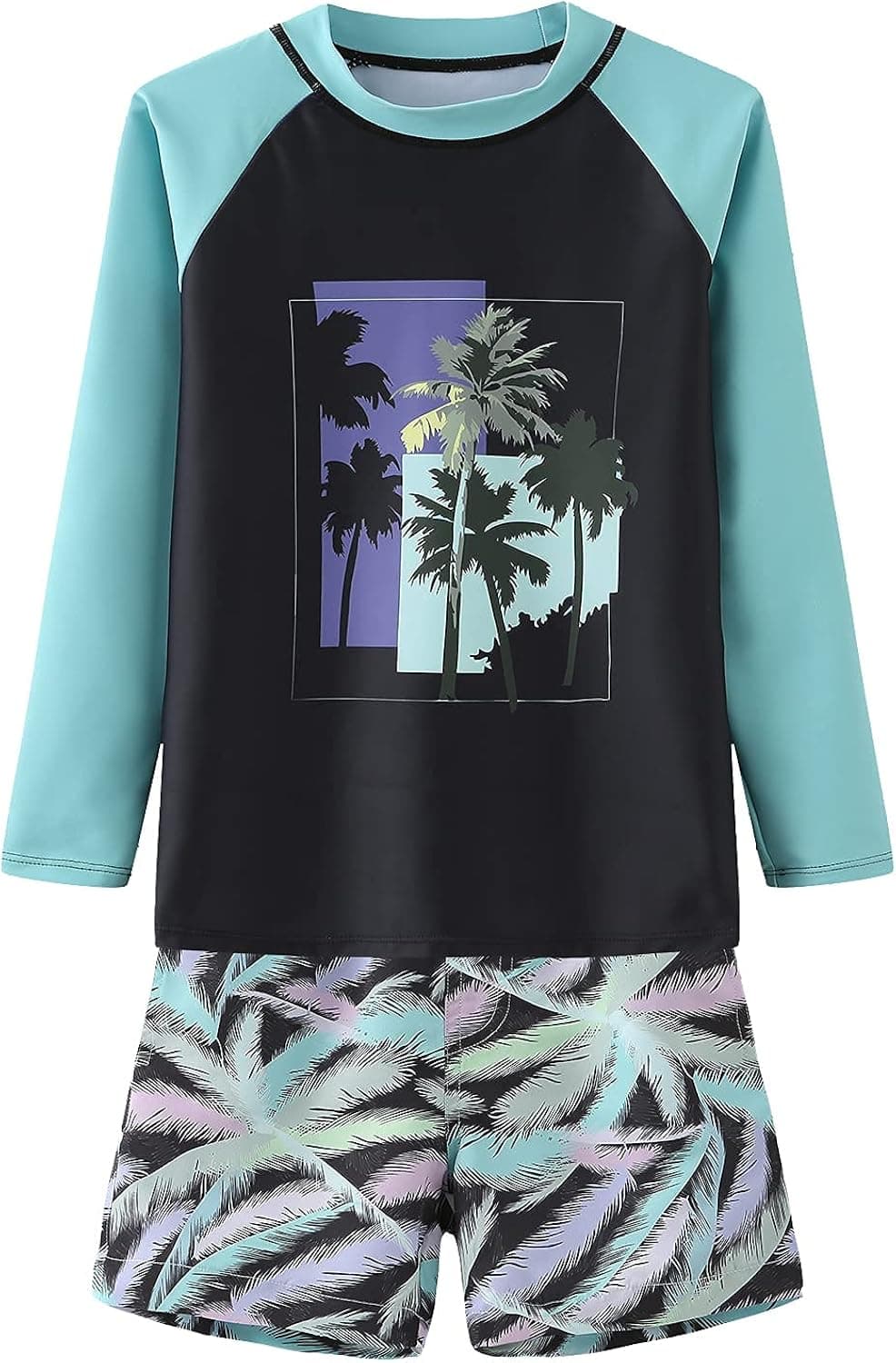 Boys Two Piece Rash Guard Swimsuits Set with Swim Trunk Kids Long Sleeve Bathing Suit Swimwear Set