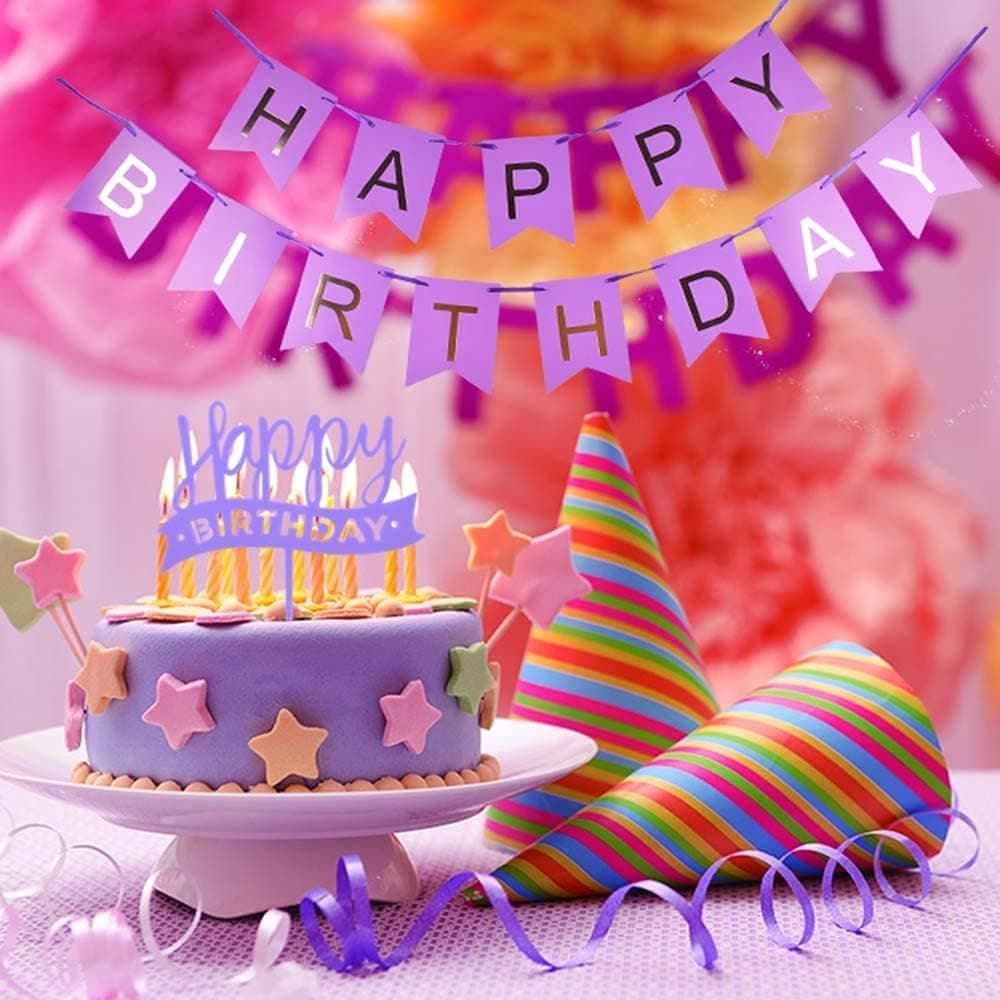 YUINYO 2 Piece Set Birthday Banner Happy Birthday Banners - Highchair Banner with Purple Happy Birthday Cake Topper Acrylic Supplies Decorations