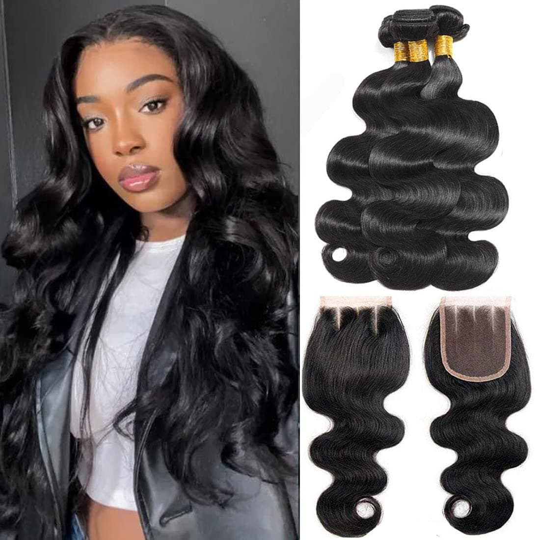10A Brazilian Body Wave Bundles Deals with Closure Human Hair Three Part Lace Closure(18 18 18+16,350g), 100% Unprocessed Virgin Human Hair Weave Bundles with Closure Can be Dyed and Bleached