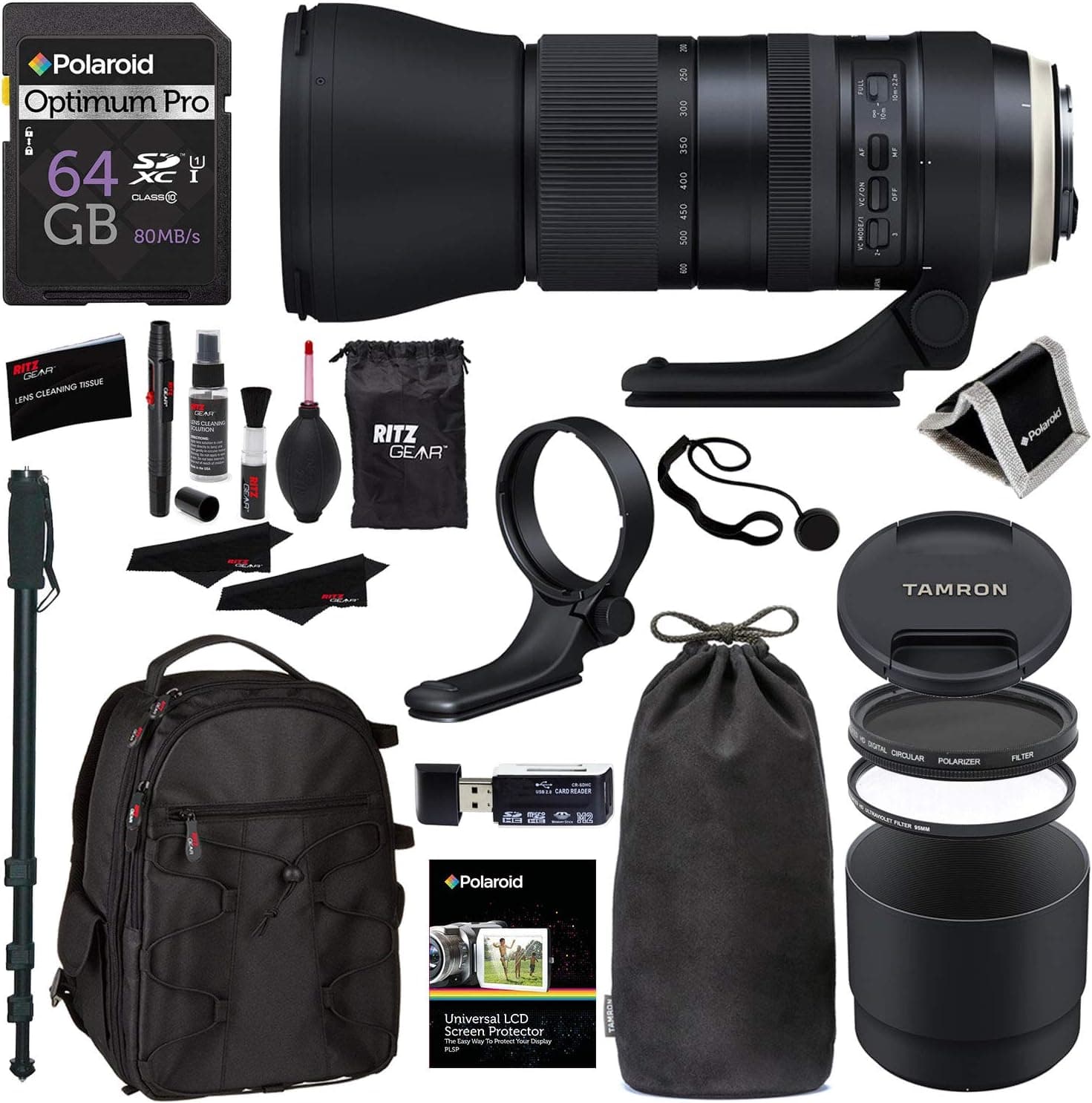 Tamron AFA022N700 SP 150-600mm Di VC USD G2 f/5.6-40.0 Telephoto-Zoom for Nikon A022, Filter Kit, Ritz Gear Backpack, 64GB & Accessory Bundle