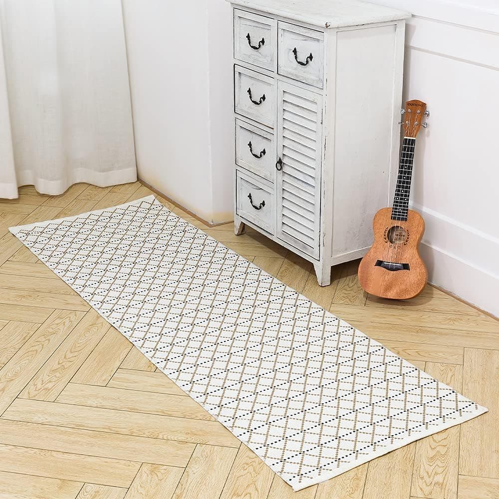 Cotton Woven Kitchen Rug Runner 2x6 ft, Boho Small Bathroom Runner for Entryway Hallway Indoor Outdoor, Farmhouse Flatwoven Carpet Runner Washable Tribal Throw Rug 2'x6', Moroccan Pattern Coffee Cream