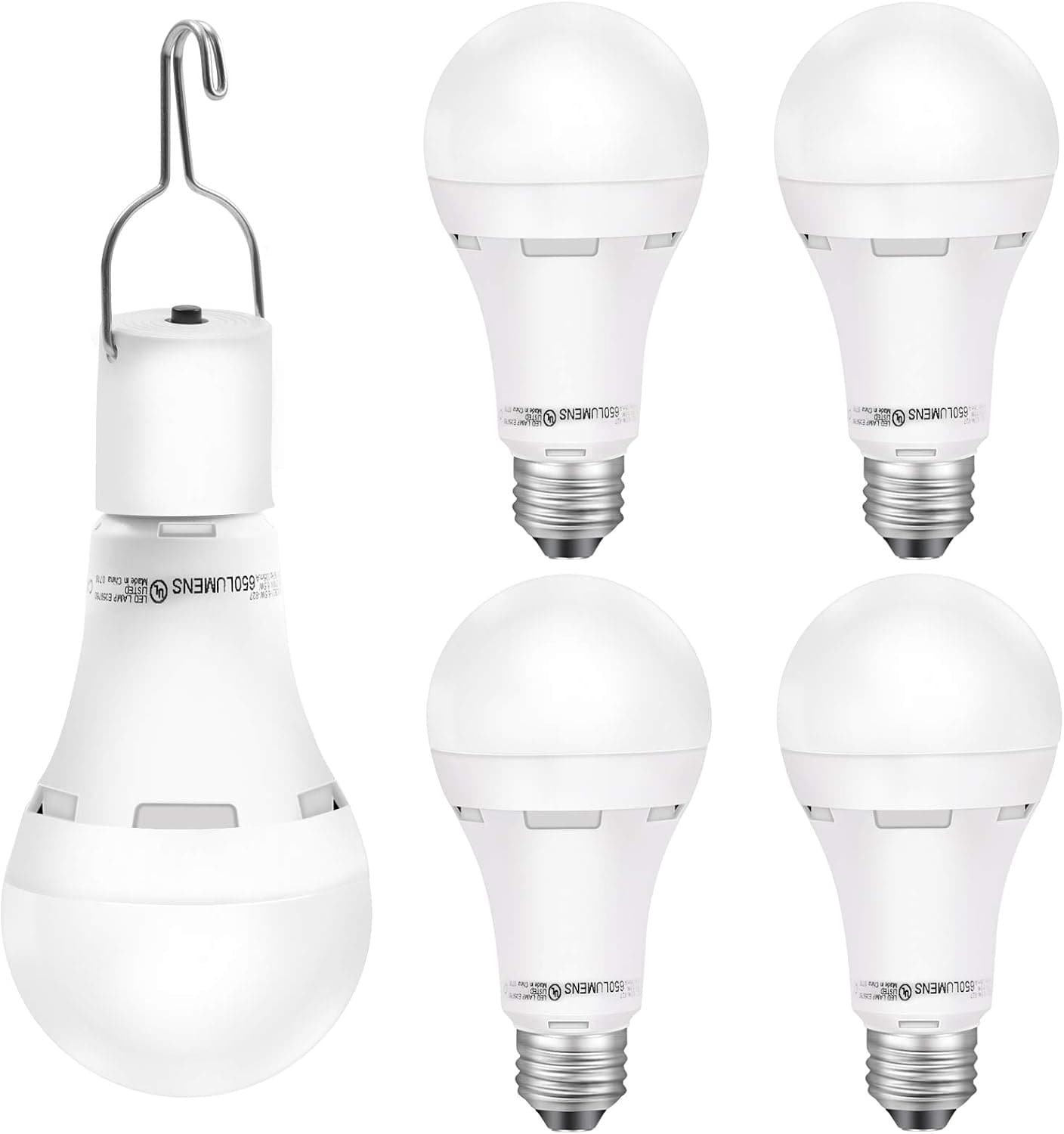 Energetic Emergency LED Bulbs Rechargeable 60W Equivalent, A21 LED Light 6.5W 2700K Soft White with E26 Base, Emergency Light Bulbs for Power Outage, 4 Pack, UL Listed