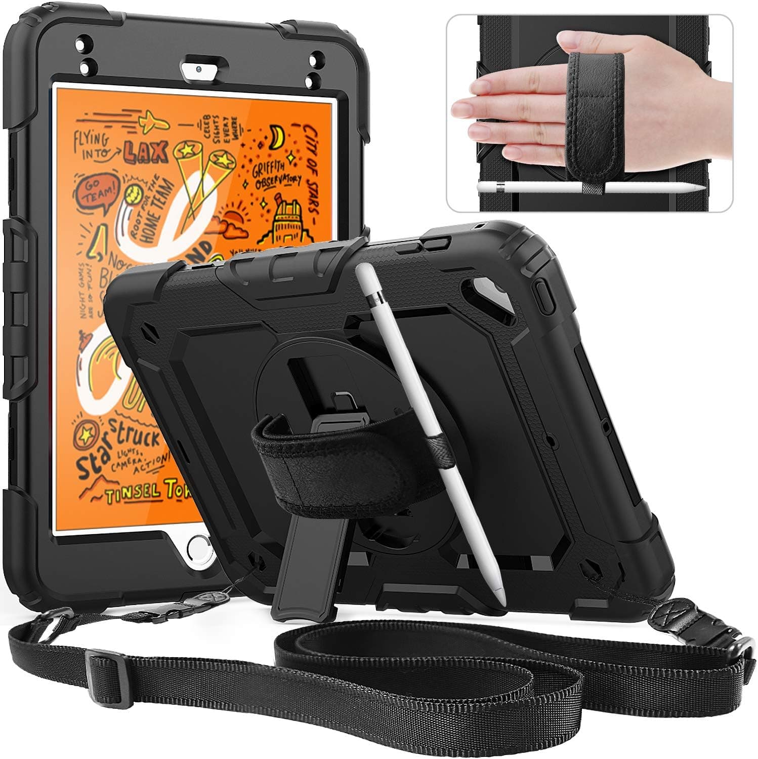 Timecity iPad Mini 5/4 Case with Screen Protector 360 Rotating Stand Handle/Shoulder Strap Pencil Holder, Full-Body Protective Case for iPad Mini 5th/ 4th Generation 7.9 inch Kids Case- Black
