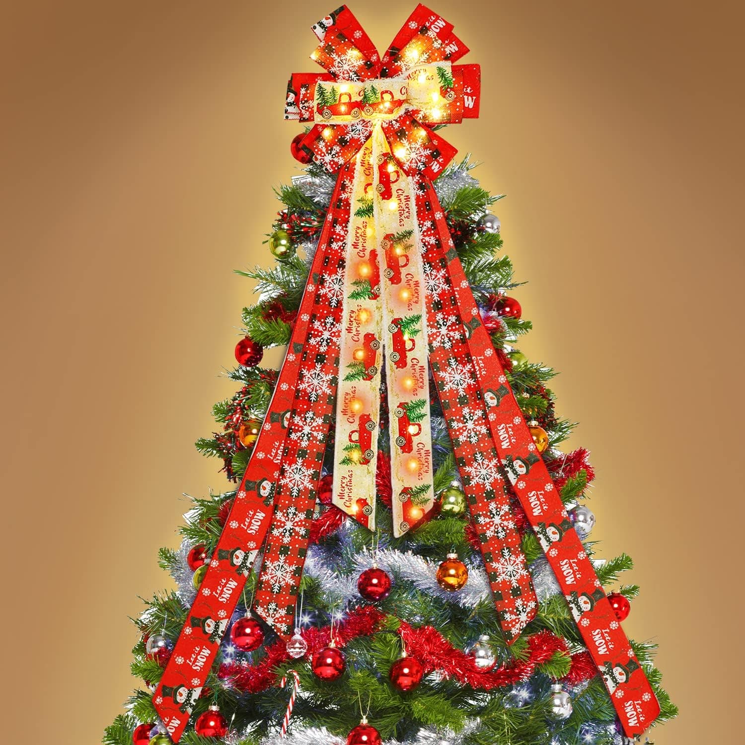 Large Christmas Tree Bow Topper - Evdekoru 47X13 Inch Led Lights Christmas Wreath Bow,Decorative Bows with Snowflake Truck and Snowman for Wreath Decor Door Wall Holiday Xmas Party Winter Decorations