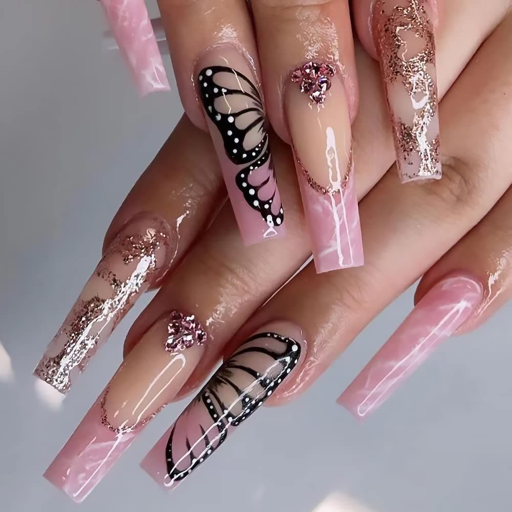 ookizom Press on Nails Long, 24 Pcs Fake Nails Coffin False Nails with Glue Acrylic Nails for Women and Girls, Abstract Fake Nails for Nail Art Manicure Decoration (Nude Pink Butterfly Ballet)