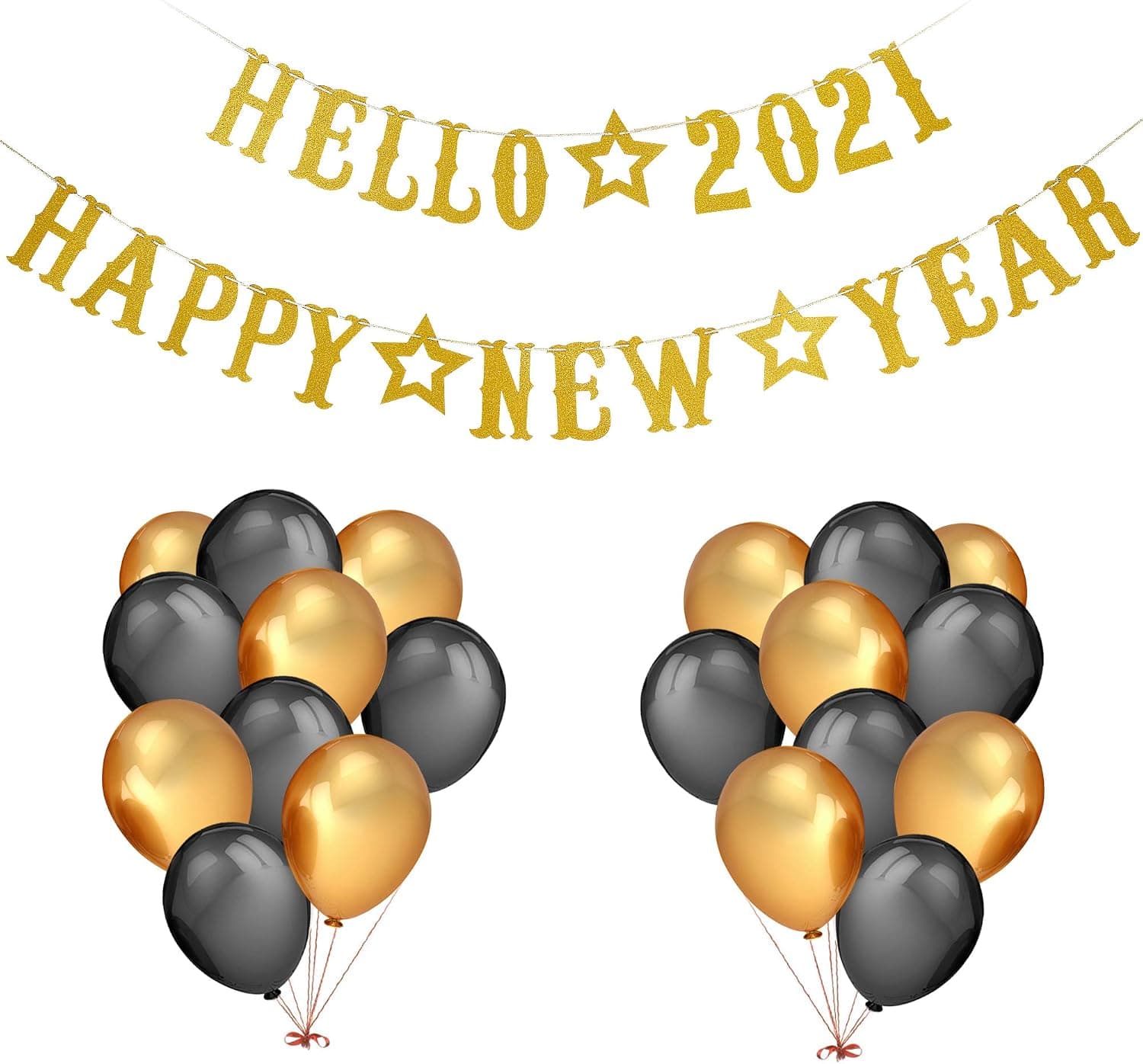 Happy New Year Decorations 2021- Hello 2021 Happy New Year Banner Gold Glitter and Gold & Black Balloons, New Years Eve Party Supplies 2021, New Years Decorations for Home Office Fireplace Mantel