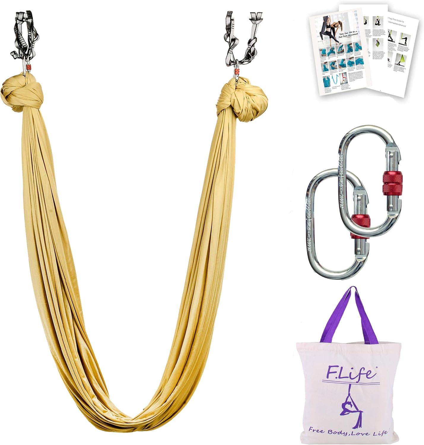 F.Life Aerial Yoga Hammock 5.5 Yards Premium Aerial Silk Fabric Yoga Swing for Antigravity Yoga Inversion Include Daisy Chain,Carabiner and Pose Guide