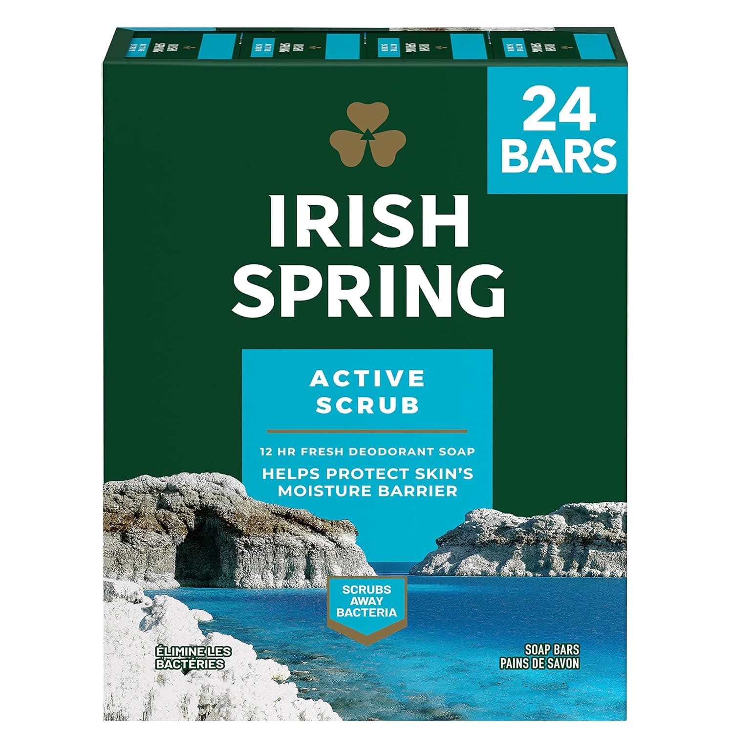 Irish Spring Active Scrub Mens Bar Soap, Men's Exfoliating Bar Soap, Smell Fresh and Clean for 12 Hours, Men Soap Bars for Washing Hands and Body, Recyclable Carton, 24 Pack, 3.7 Oz Soap Bars
