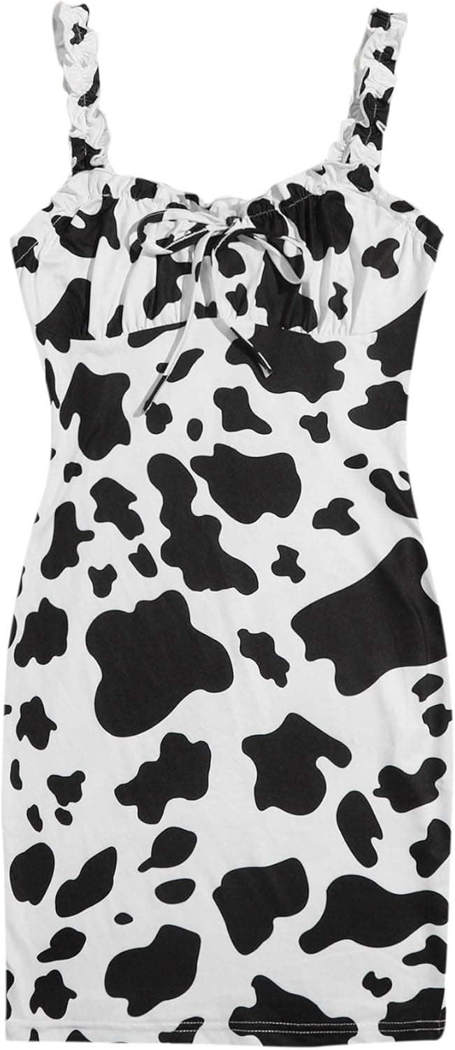 MakeMeChic Women's Cow Print Wrap Ruched Bodycon Pencil Short Cami Dress