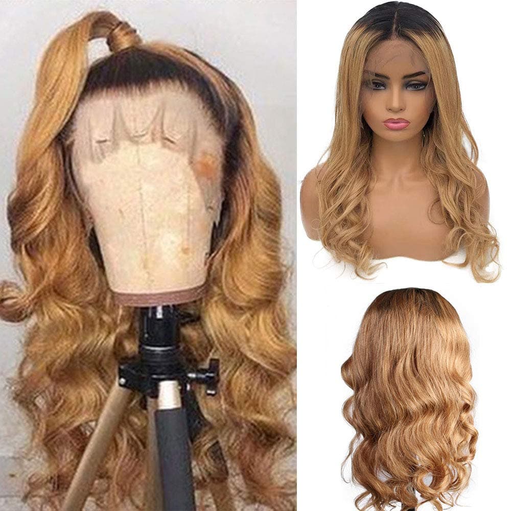 Loose Curly Wigs Ombre 2 Tone Honey Blonde Lace Front Wigs Colored Human Hair Wigs #1b/27 13x6 Deep Parting Glueless Natural Wavy Pre Plucked Remy Hair Wig with Baby Hair 150% for Women 18 Inch