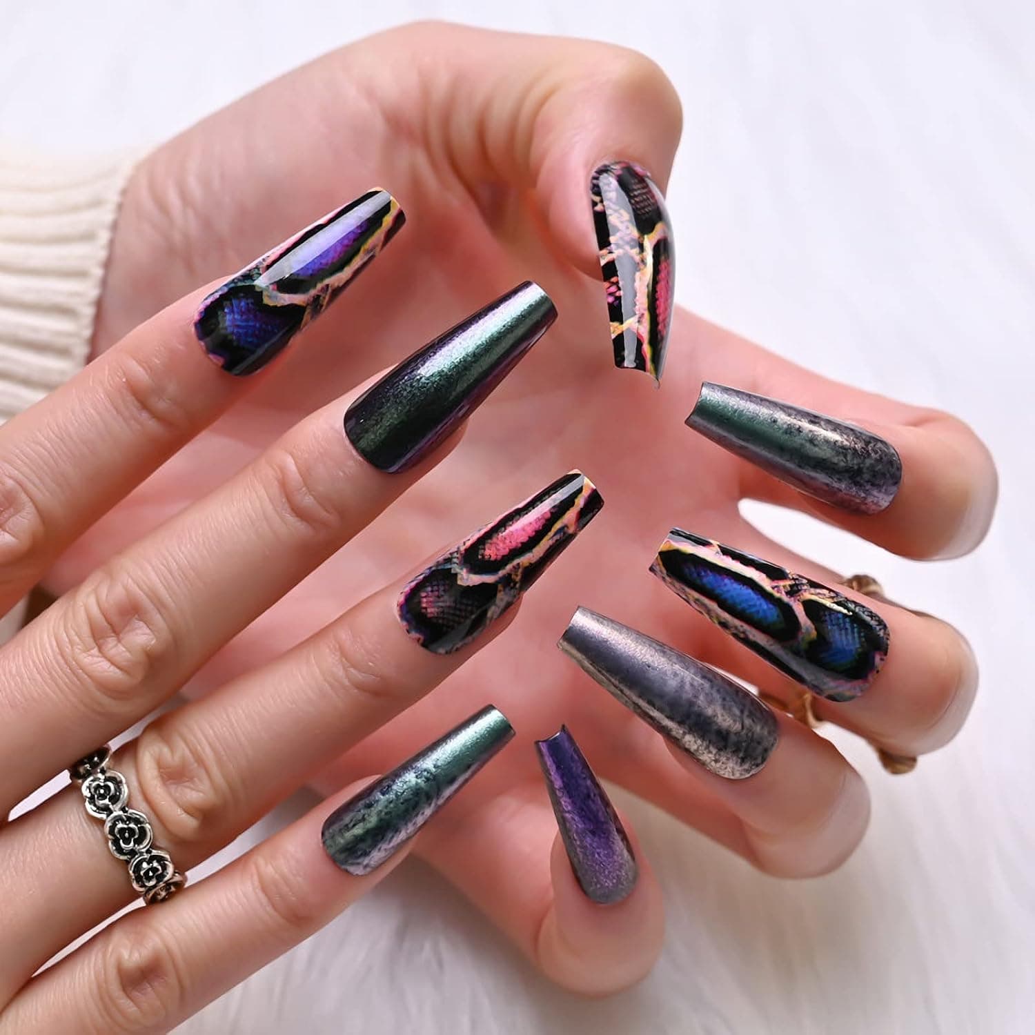 BABALAL Long Press on Nails Coffin Fake Nails Glossy Nails Ballerina Nails Snake Glue on Nails for Women and Girls