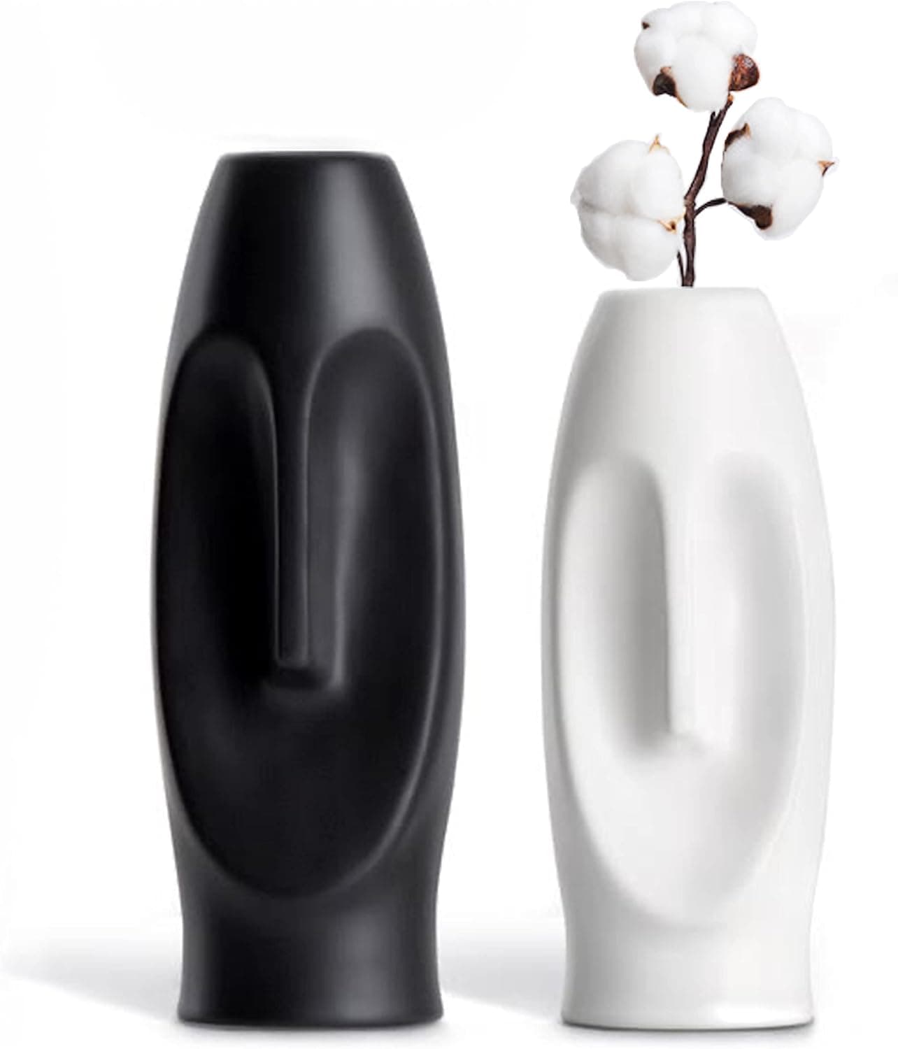 Face Vase (Black and White), Modern White and Matte Black Vase Set of 2, for Abstract Nordic Minimalist Home, Unique Ceramic Silhouette Head Vase, Decorative Face Vases for Decor