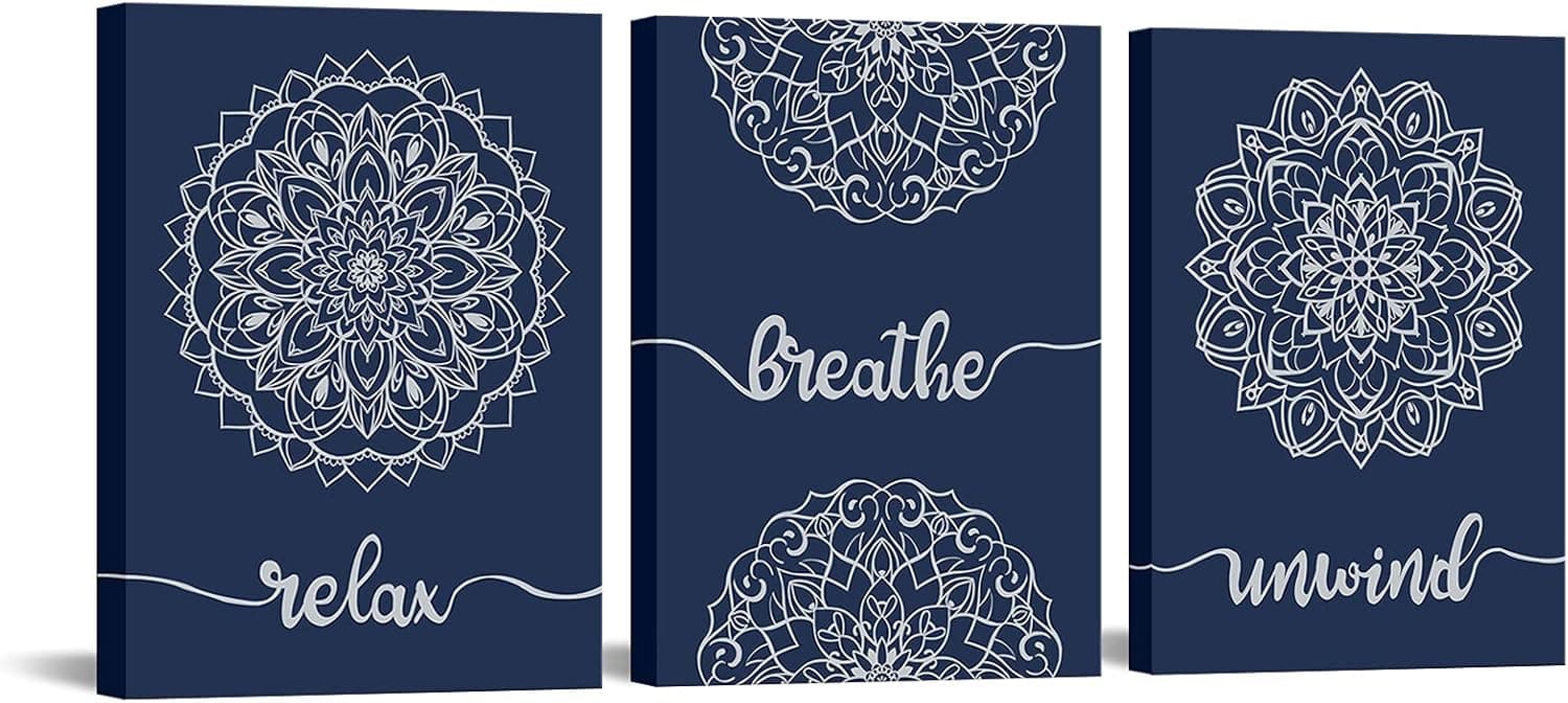 Zlove 3 Pieces Blue Bathroom Sign Picture Wall Decor Relax Unwind Breathe Mandala Flower Pattern Boho Picture for Bedroom Home Decor Stretched and Framed Ready to Hang 12x16inchx3pcs