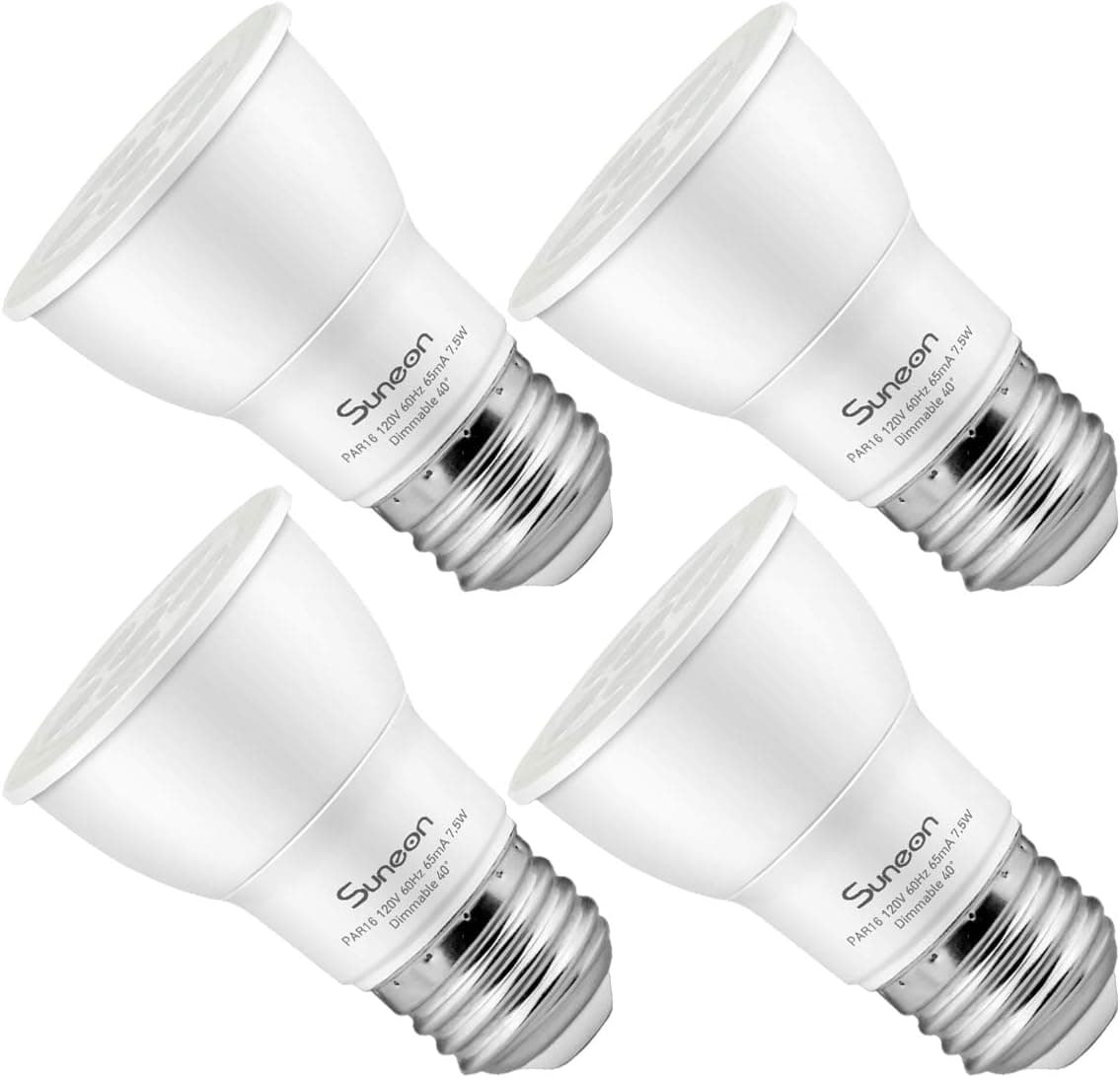 SUNEON Par16 Led Bulbs Daylight 5000K Dimmable Spotlight 4Pack - 7.5W (75W Equivalent) 600LM - 120v E26 Base with UL