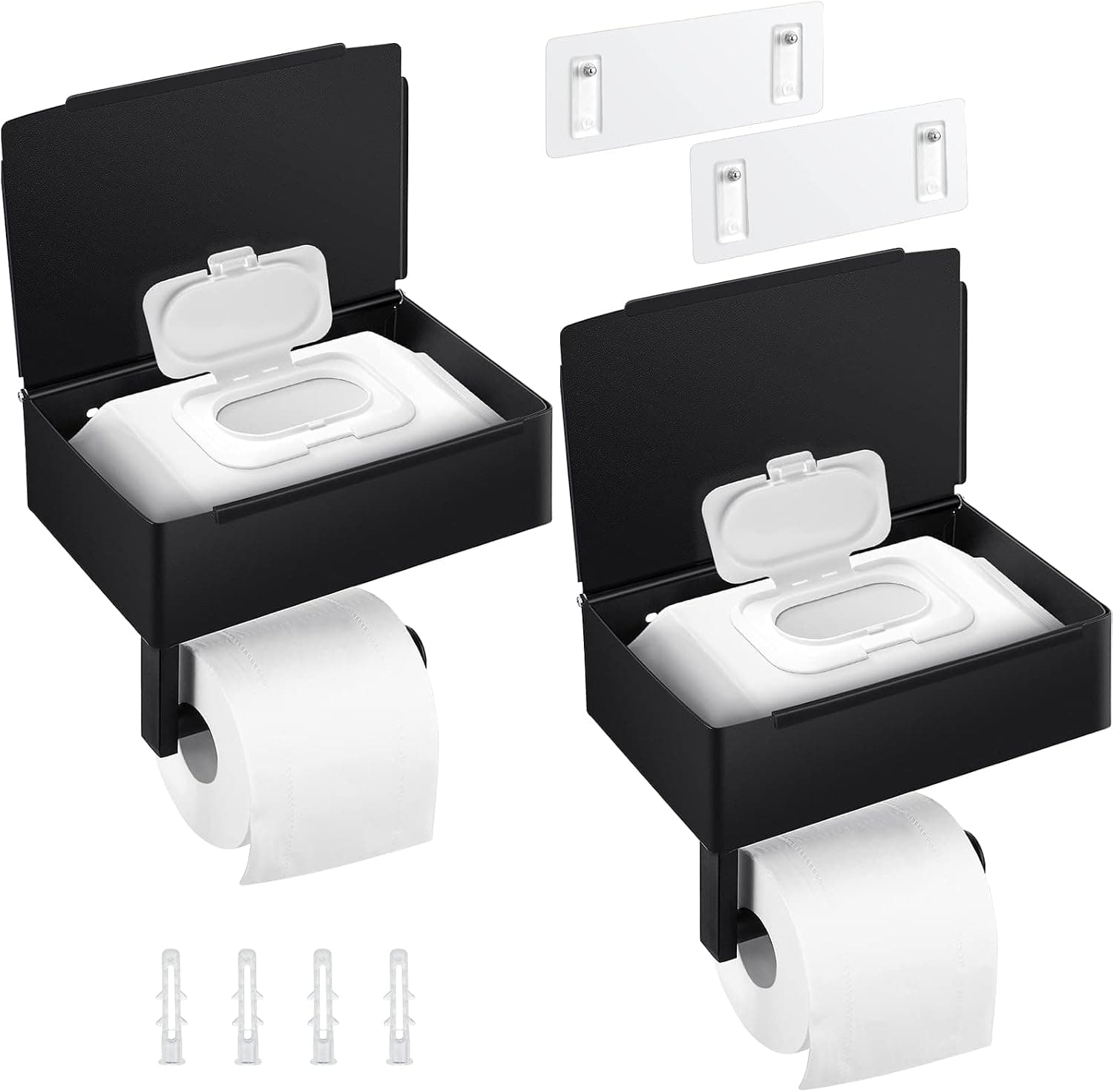 2 Pack Toilet Paper Holder with Storage and Shelf Matte Black Toilet Paper Holder with Storage, Flushable Wipes Dispenser for Bathroom Stainless Steel Toilet Paper Roll Holder Wall Mount