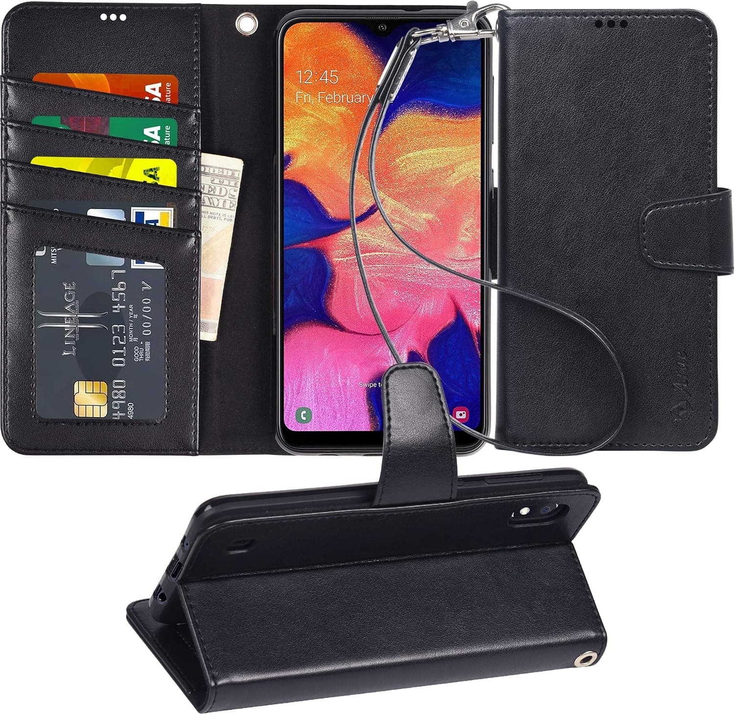 Arae Wallet Case for Samsung Galaxy A10 PU Leather flip case Cover [Stand Feature] with Wrist Strap and [4-Slots] ID&Credit Cards Pocket for Samsung Galaxy A10 [not for A20], Black