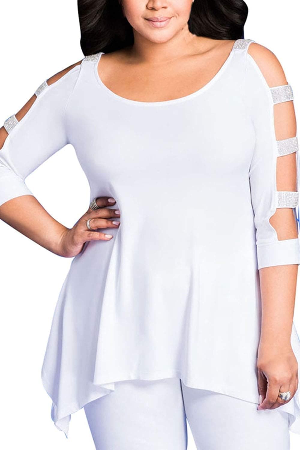 Pink Queen Women's Plus Size Cut Out Sleeve Sequins T Shirt Blouse Tops