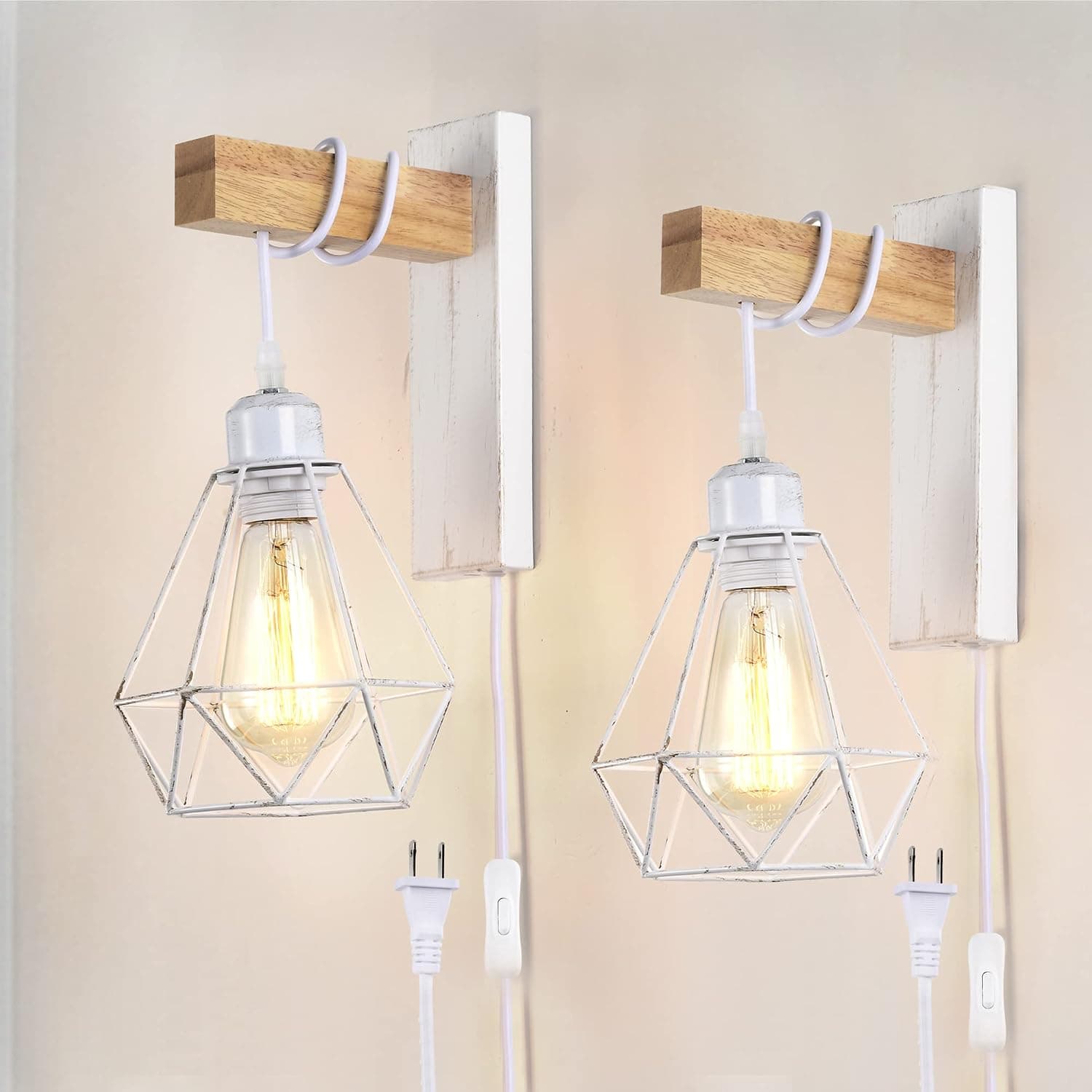 Plug in Wall Sconces Industrial Wall Lamp with 6ft Plug in Cord Plug-in Wall Mounted Light for Bedroom Farmhouse White Wall Lights Wood Wall Sconces Set of Two