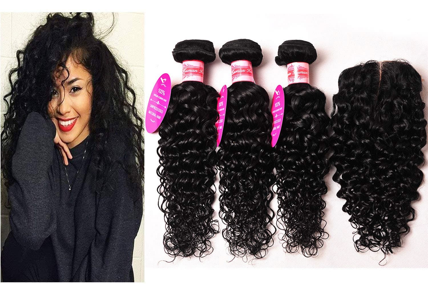 Younsolo Brazilian Water Wave 3 Bundles with Closure Water Wave Hair Bundles with Closure 9A Unprocessed Virgin Human Hair Curly Water Wave Human Hair Extensions(8 10 12+8, Jet Black)