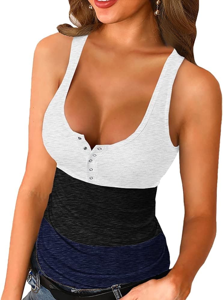Womens Color Block Sexy Tank Tops Summer Knitted Ribbed Button Down Sleeveless Shirts White-Navy