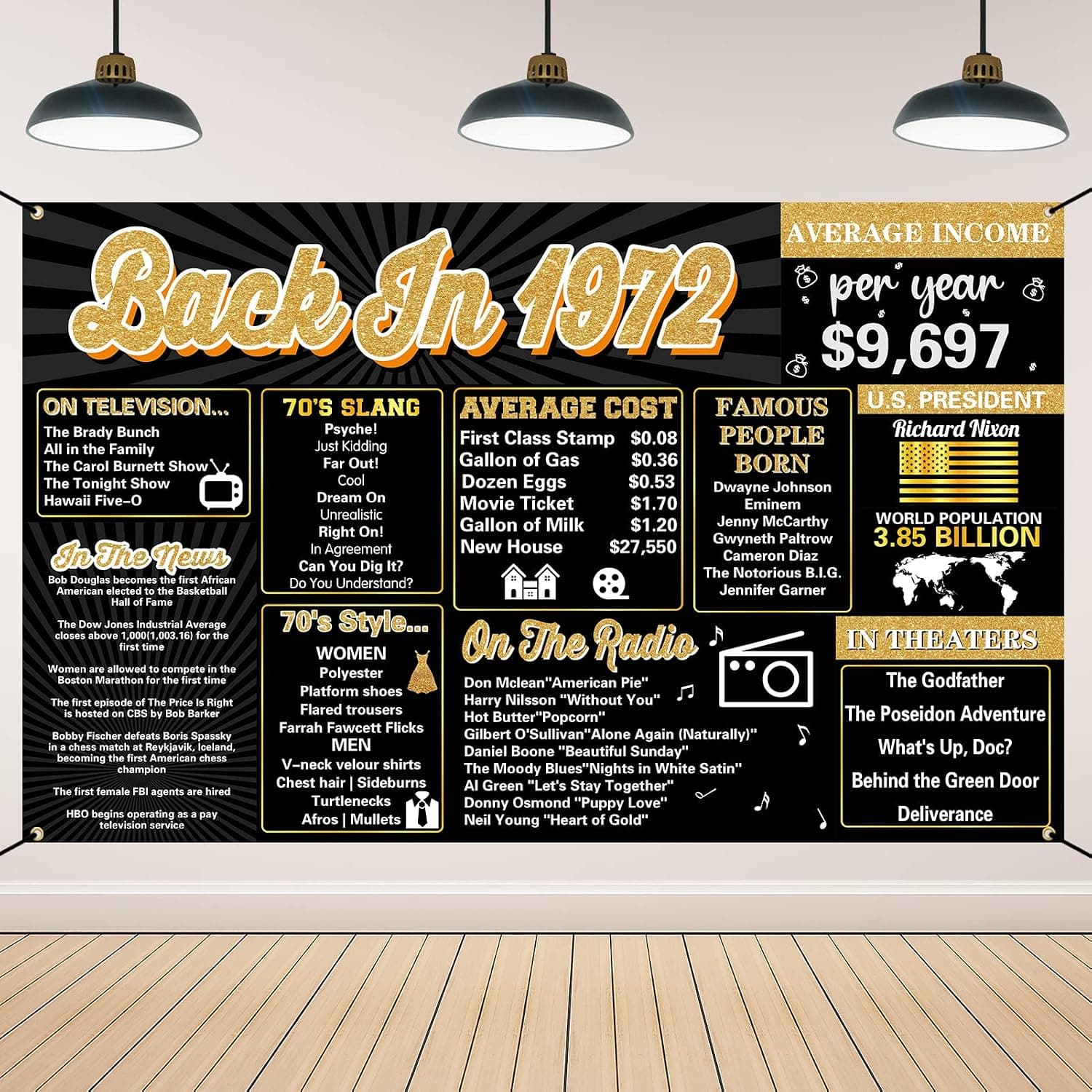 Vlipoeasn 51th Birthday Decorations for Men Women, Back in 1972 Black Gold　Backdrop Banner Wedding Anniversary Party Decorations Supplies, 51 Years Old Vintage 1972 Poster Background