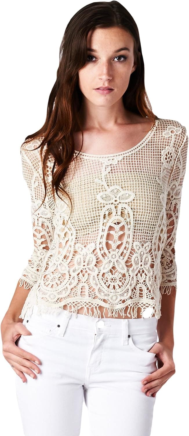 Women's 3/4 Sleeve Lovely Crochet Knit Mesh Top with Short Fringe Trim (Large)