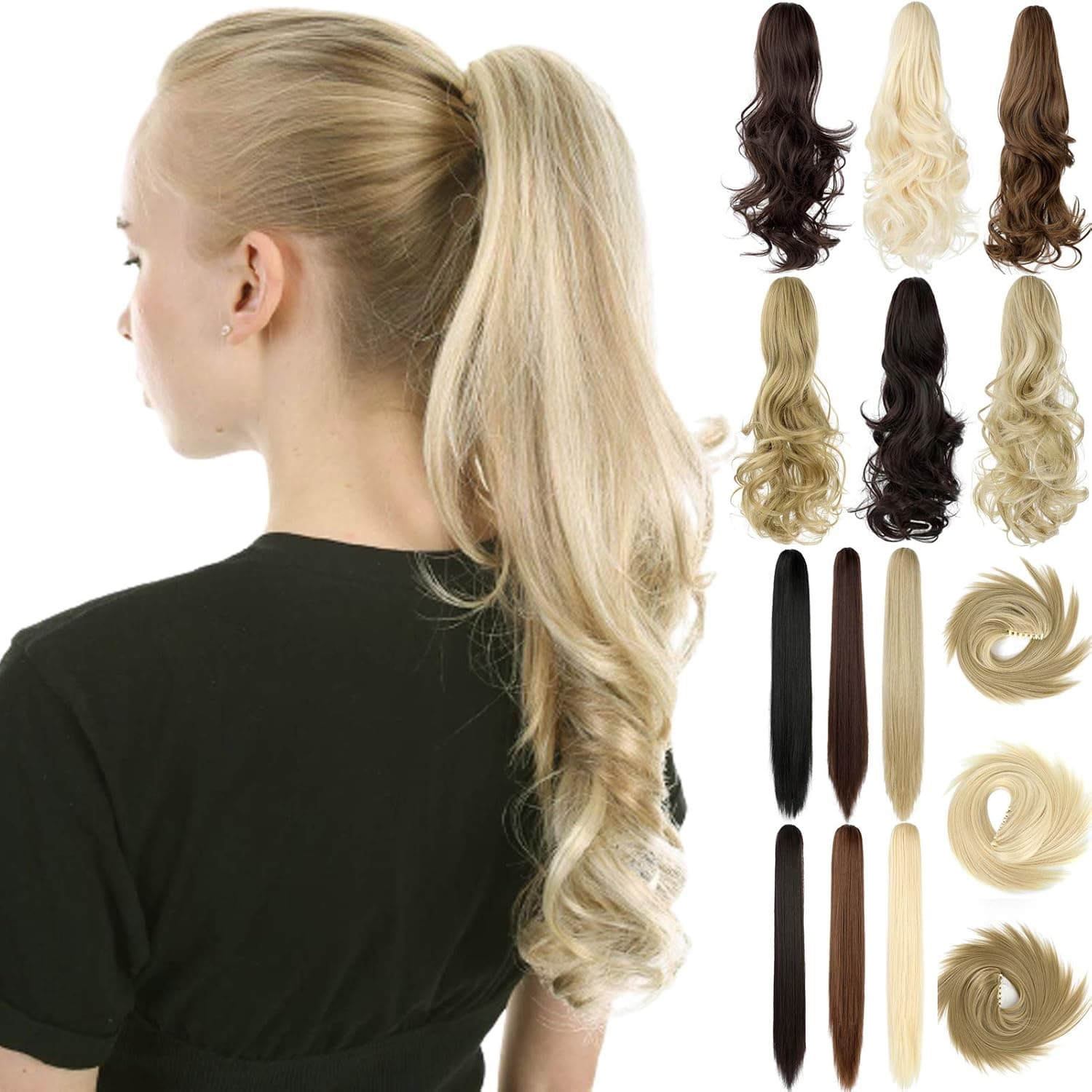 FeidyLong Ponytail Extension Clip in 18 20 Inch Long Wavy Straight Wrap Around Pony Tail One Piece Jaw/Claw Hairpiece for Women Grils Bleach Blonde