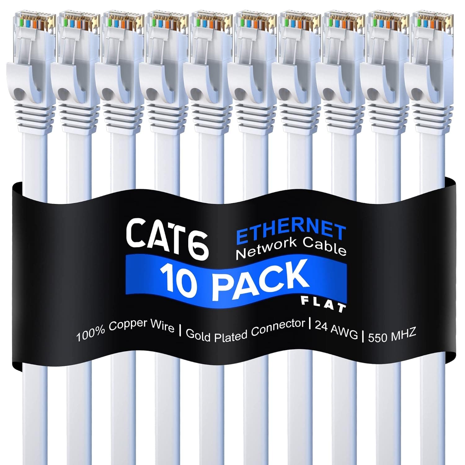 Cat 6 Ethernet Cable 15 ft - with a Flat, Space-Saving Design High-Speed Internet & Network LAN Patch Cable, RJ45 Connectors - [15ft / White / 10 Pack] - Perfect for Gaming, Streaming, and More!