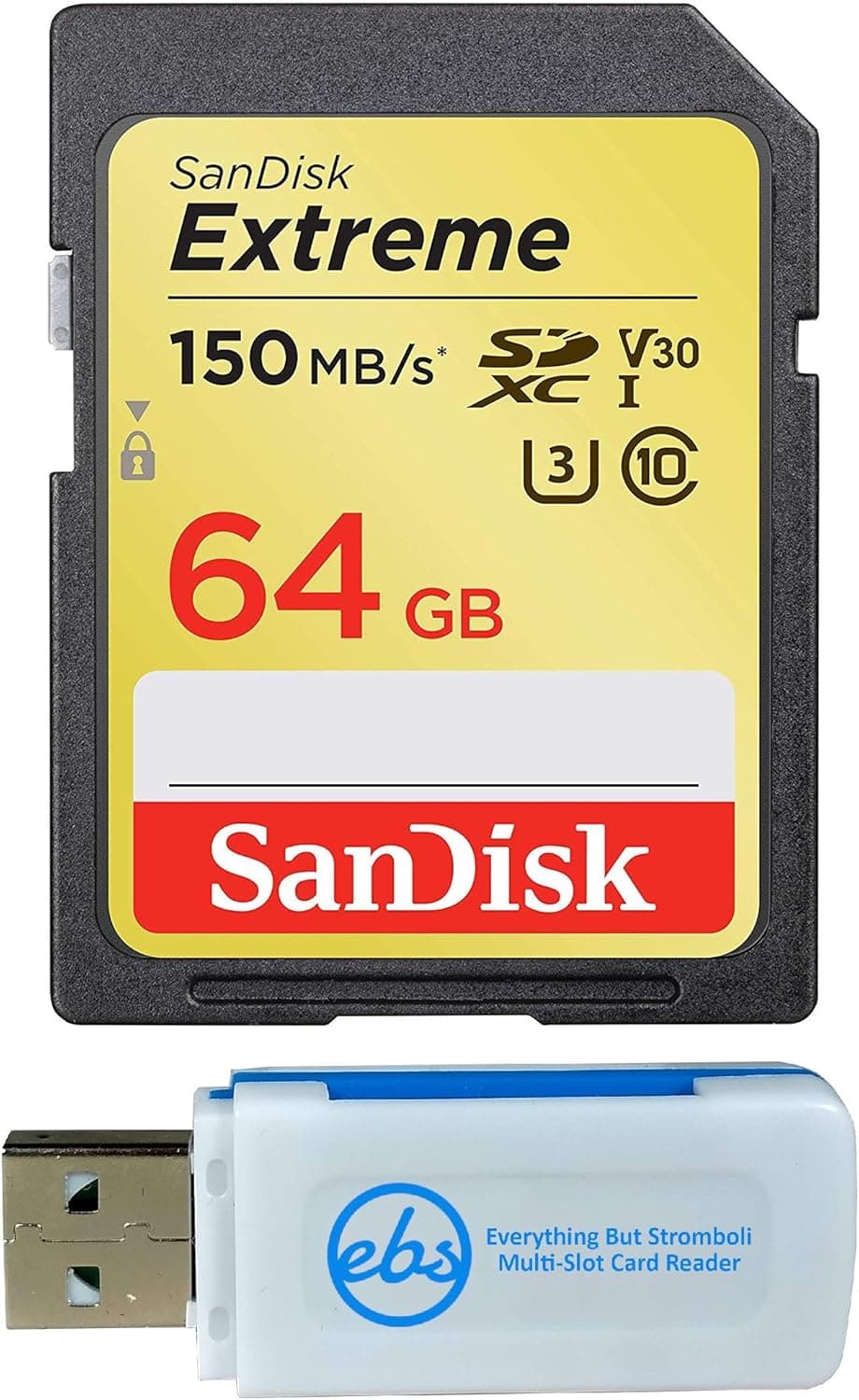 SanDisk 64GB SDXC SD Extreme Memory Card Works with Canon EOS 77D, 80D, 70D, 6D, 60D Digital DSLR Camera 4K V30 U3 (SDSDXVE-064G-GNCIN) Bundle with (1) Everything But Stromboli Combo Card Reader