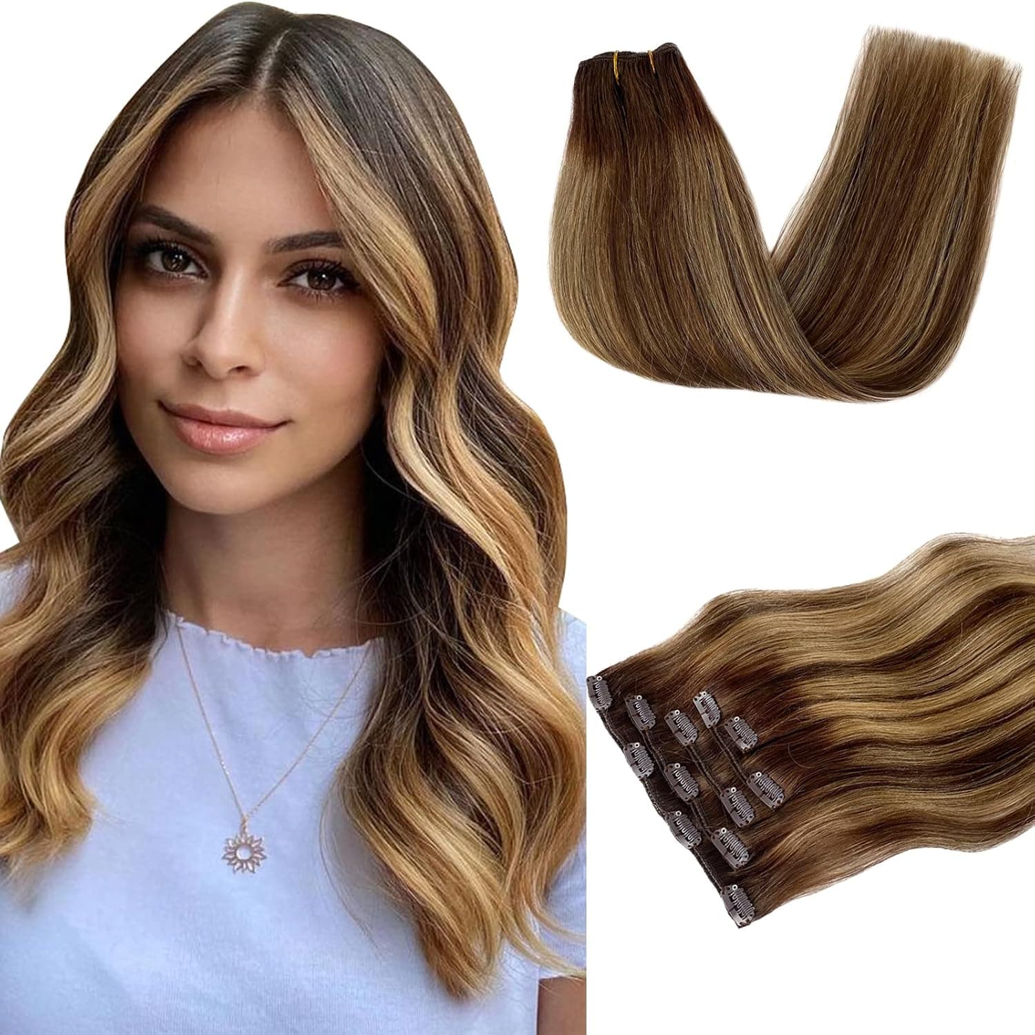 Clip in Hair Extensions Human Hair, Ombre Medium Brown Mixed Caramel Blonde Highlights Clip in Hair Extensions Seamless Clip ins Human Hair Extensions Soft Straight Real Hair 70g 5pcs 12 Inches