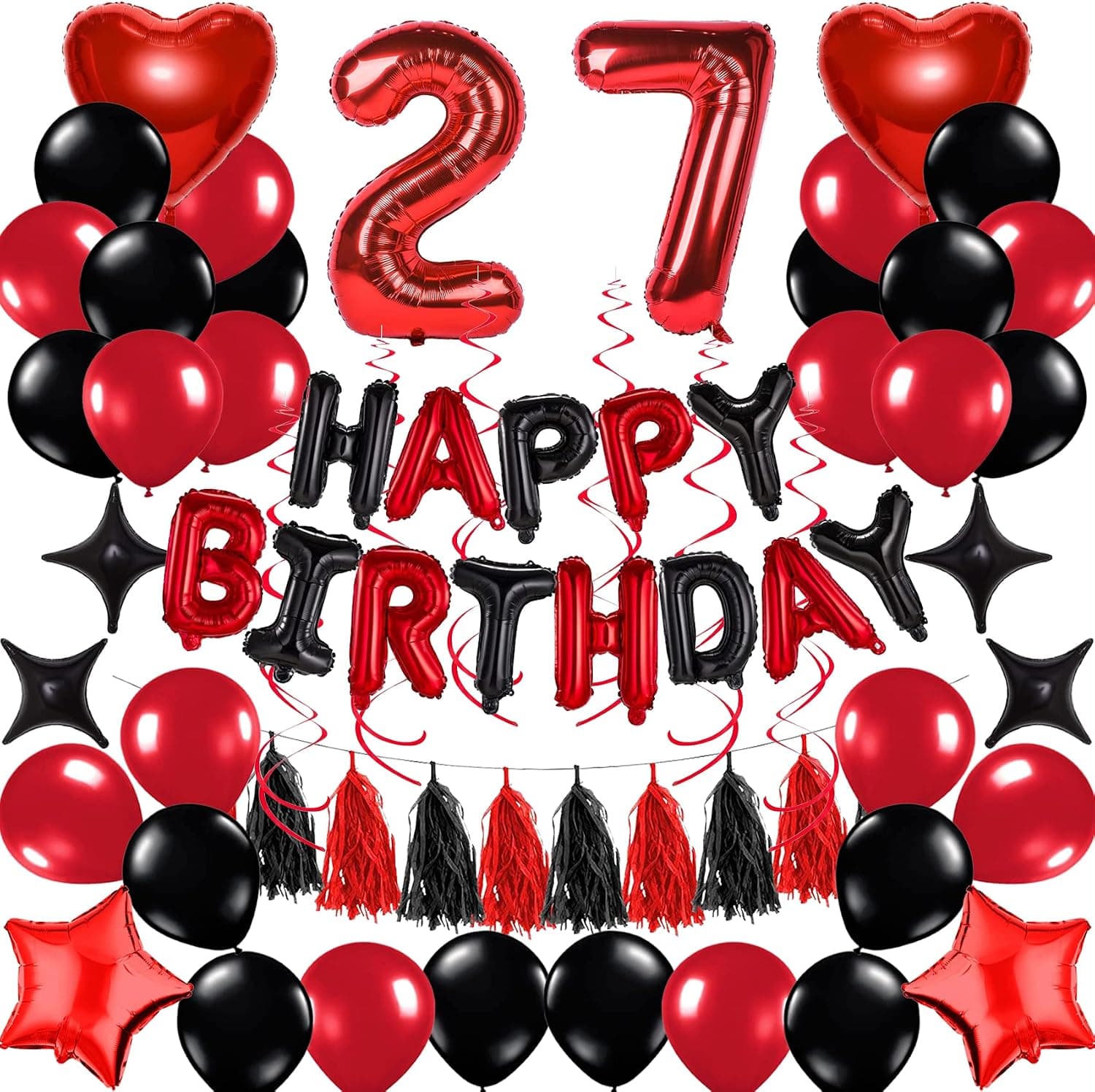Red and Black 27th Birthday Decorations for Women Men, 27 Happy Birthday Balloons, 27th Birthday Party Supplies for Him Her including Happy Birthday Banner, Number 27 Foil Balloons