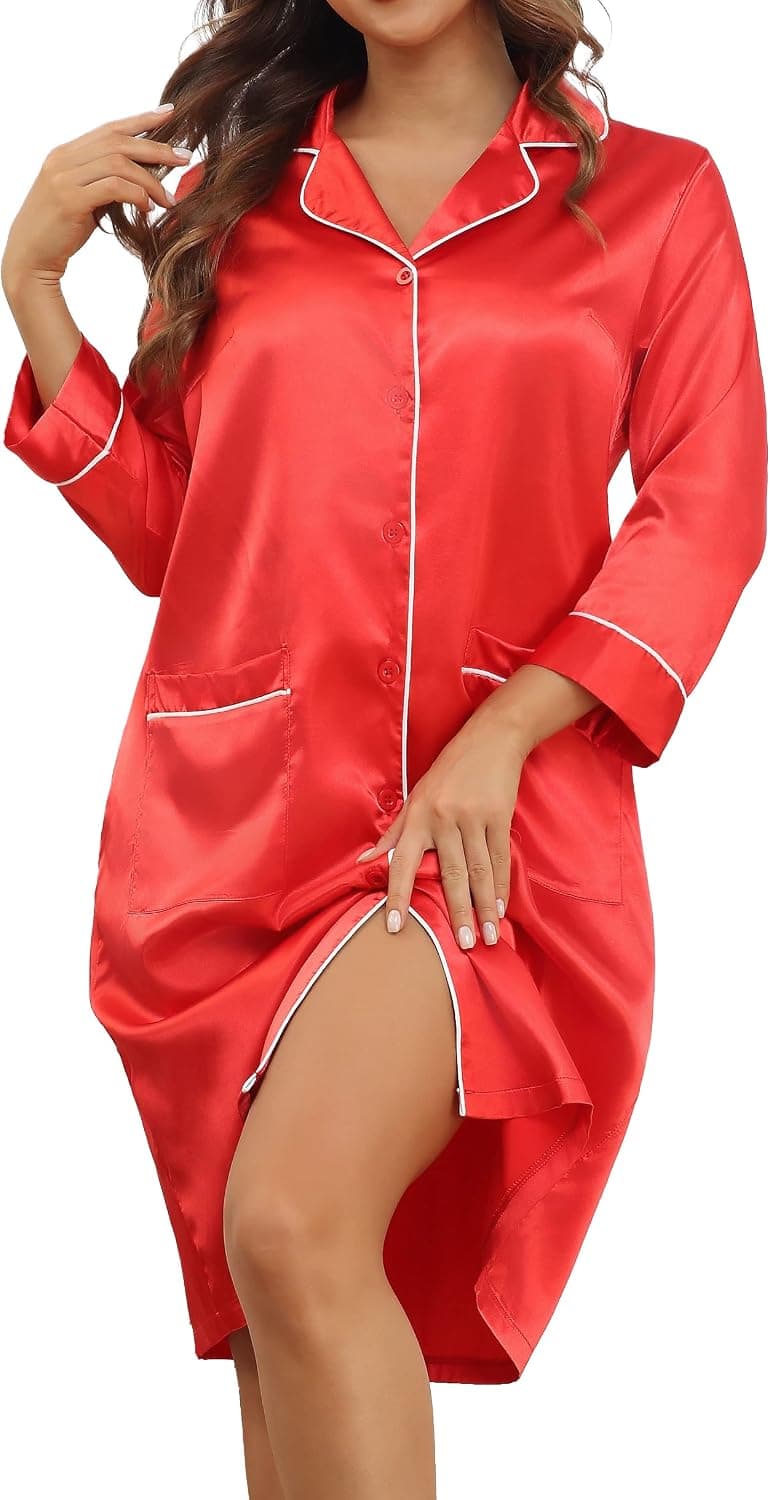 ANGGREK Women's Nightgown Button Down Sleepshirt Satin Nightdress 3/4 Sleeve Nightshirt Boyfriend Nightgowns for Women