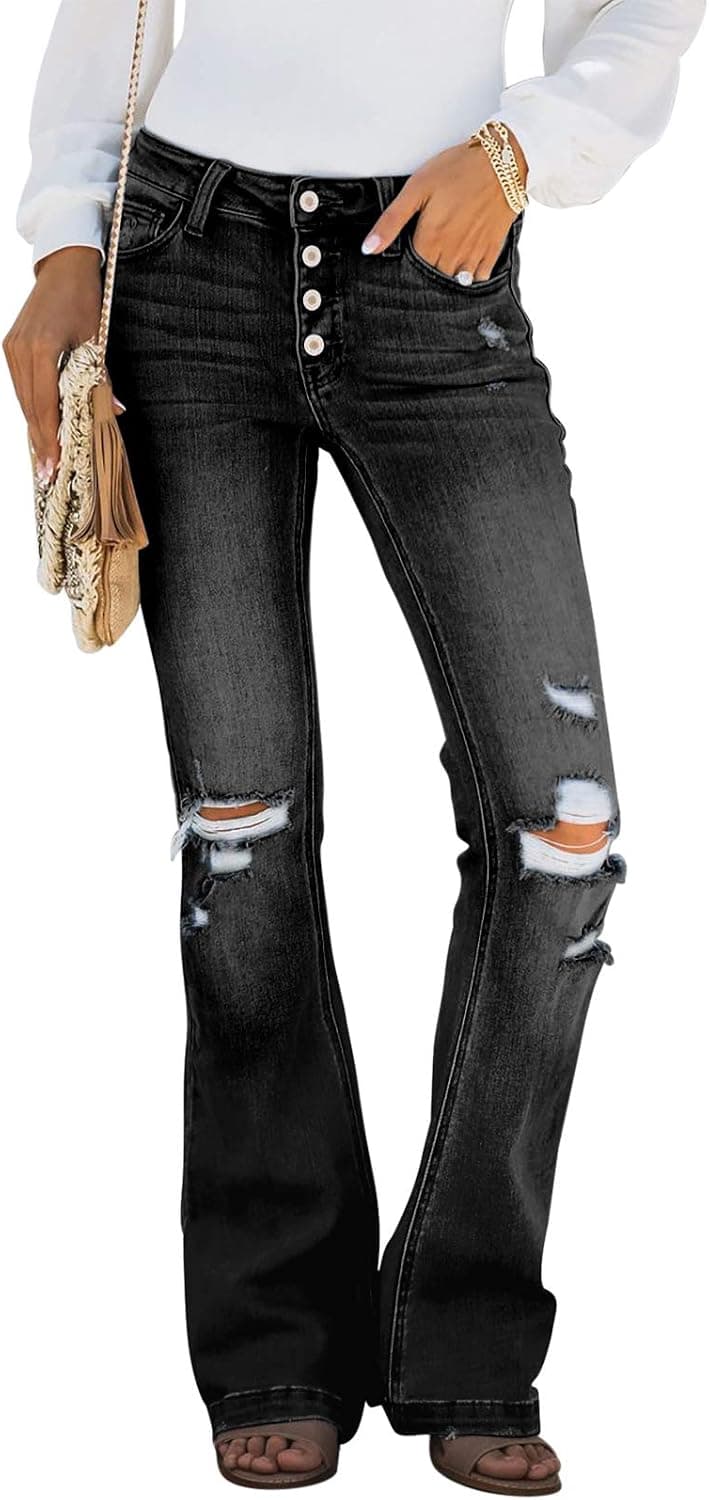 Sidefeel Women Button Up Bell Bottom Jeans Ripped Flare Fitted Denim Pants Size