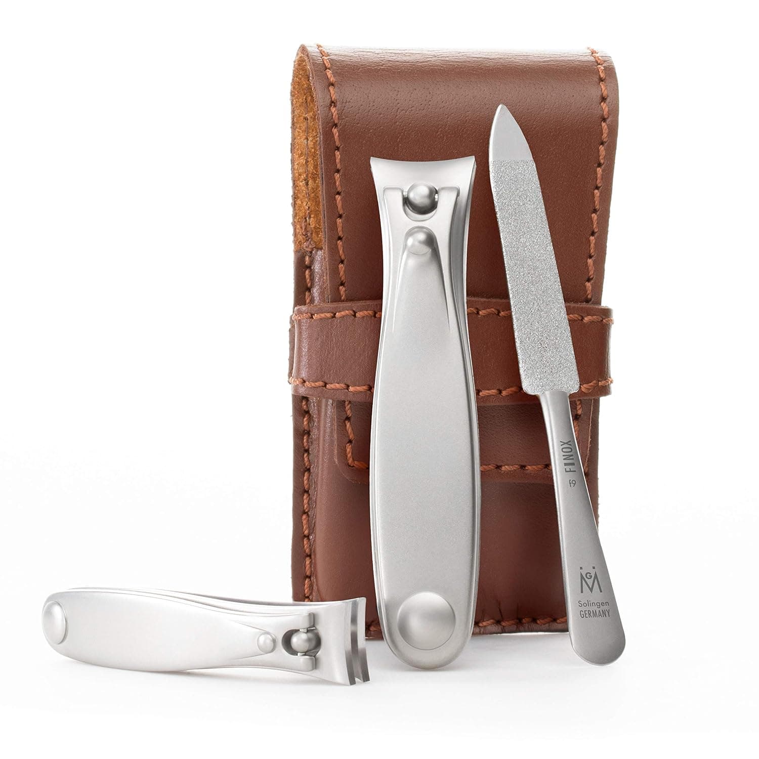 GERMANIKURE Nail Clippers and Sapphire Nail File Set in Brown Leather Case – Ethically Made in Solingen Germany, FINOX Stainless Steel Tools – Professional Quality Manicure & Pedicure Kit for Men