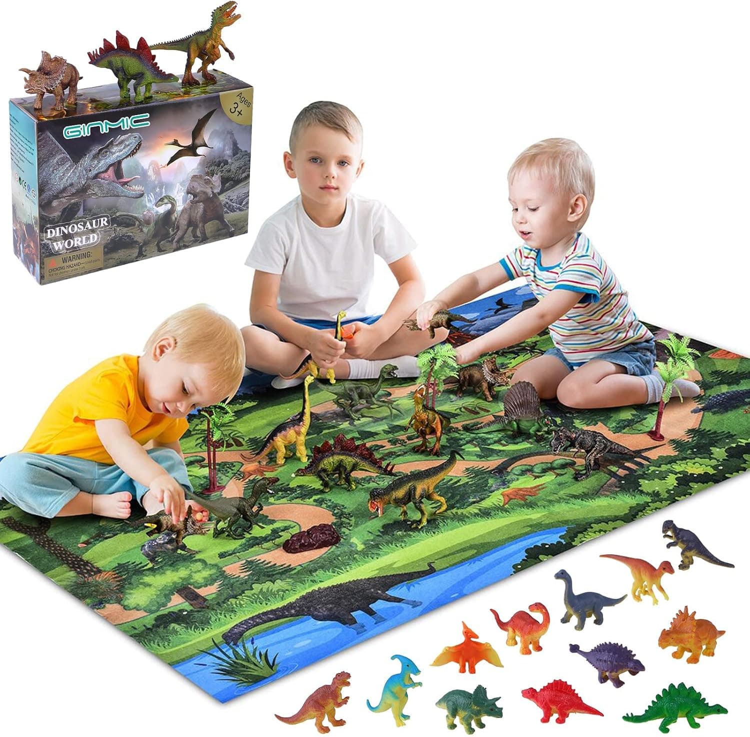 GINMIC Dinosaur Toys, Large 31.5 x 47.3 Inch Play Mat with 21 Realistic Looking Dinosaurs Including T-Rex, Triceratops, Velociraptor, Great Gifts for Kids 3 Year Olds and Up