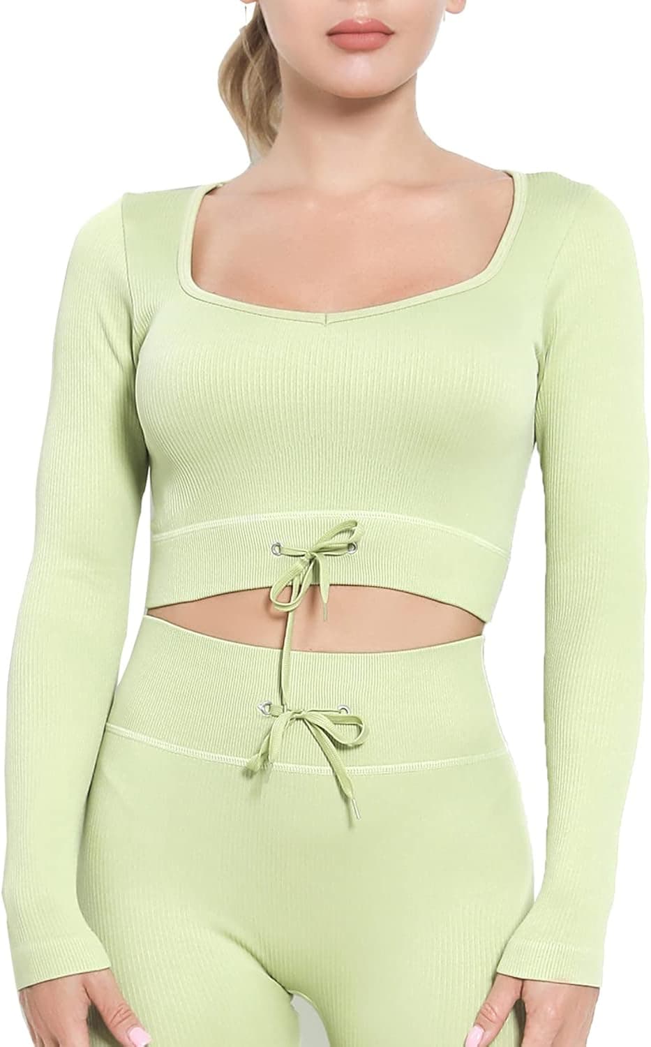 XOHK Two Piece Workout Set for Women Long Sleeve Square Neck Women's Drawstring Yoga Fitness Set Tight Women's Sportswear(green S)