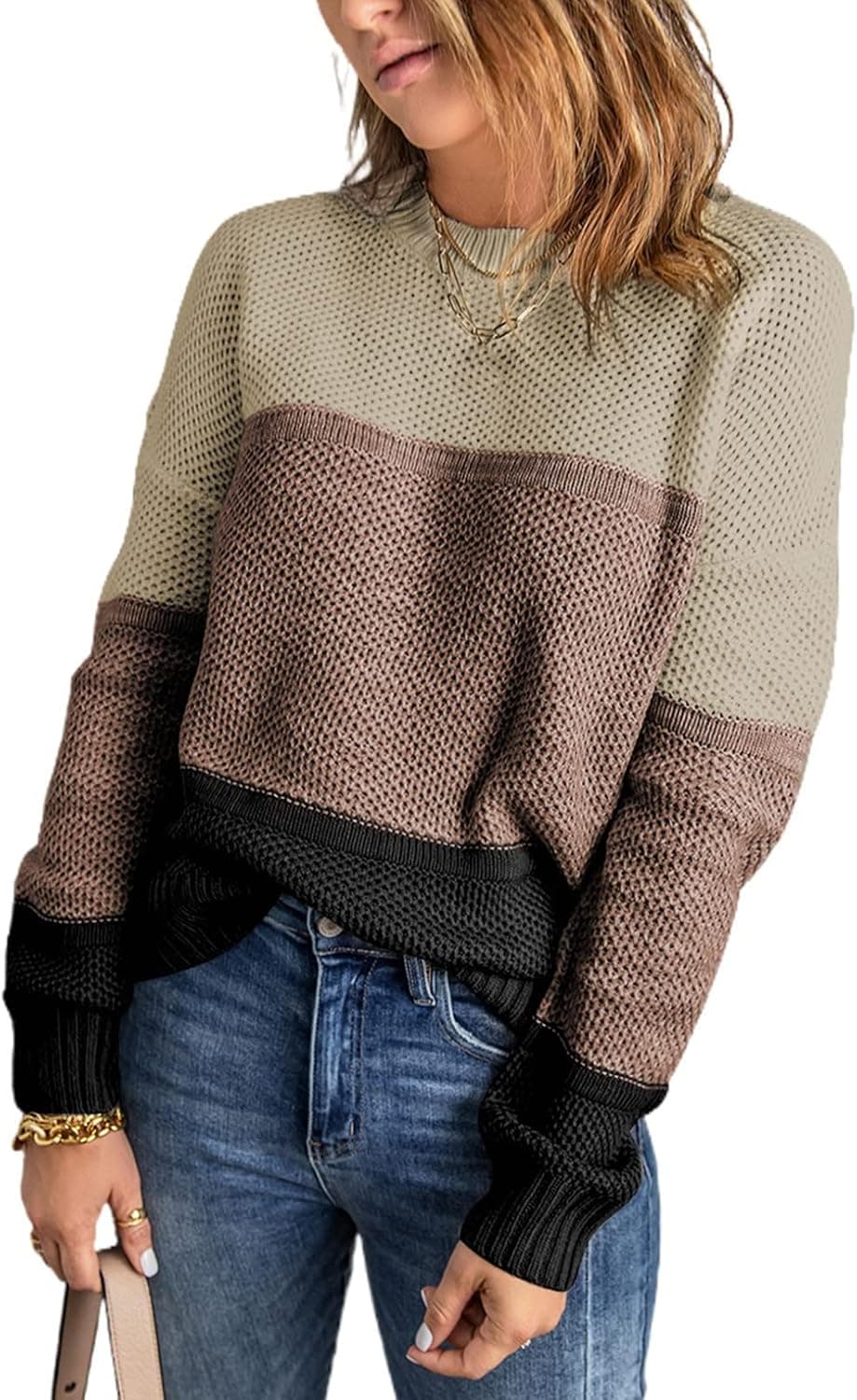 Canikat Women's Crewneck Color Block Striped Sweater Long Sleeve Loose Knit Pullover Jumper Tops