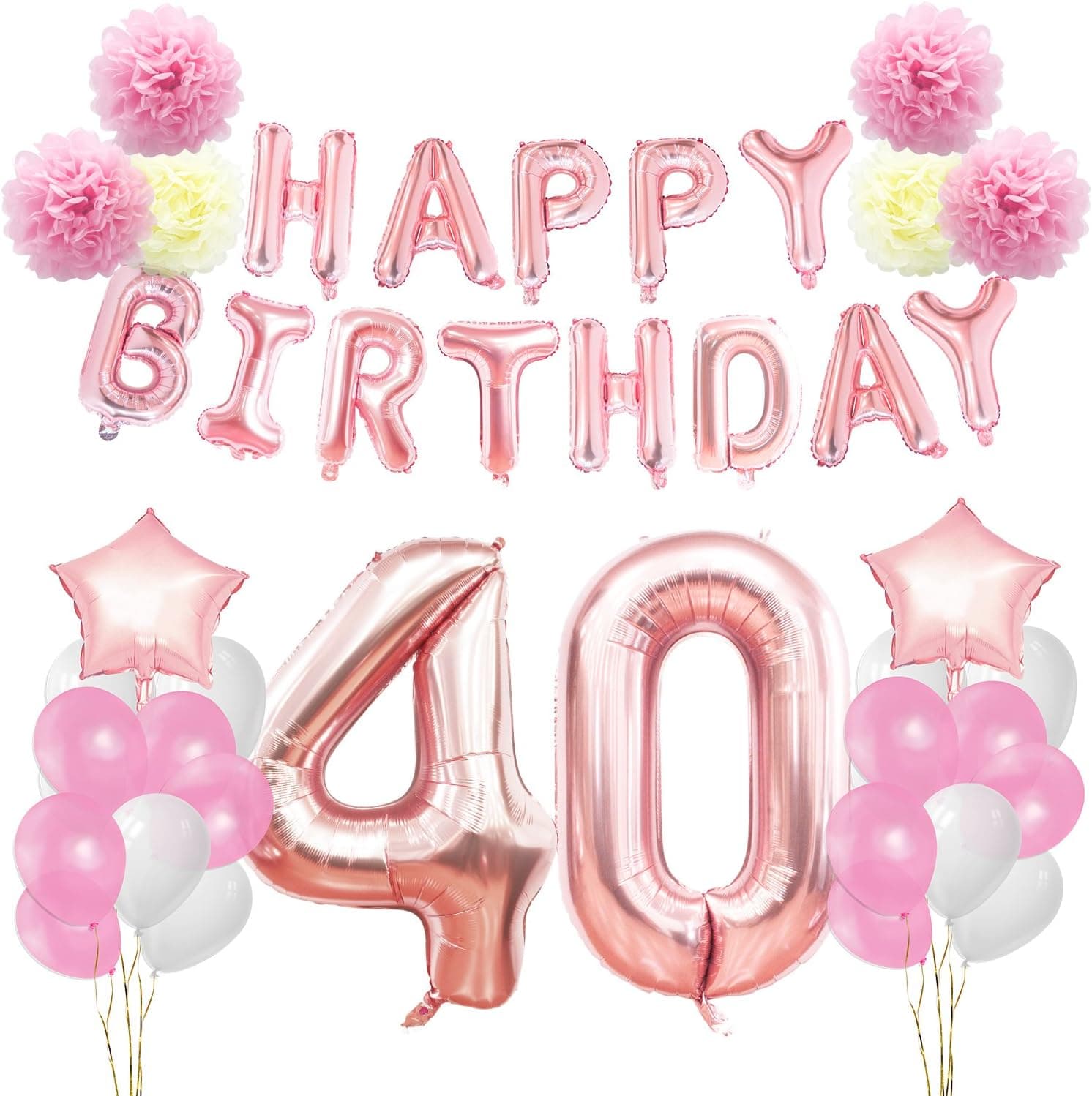 KUNGYO 40th Birthday Decorations Kit-Rose Gold Happy Birthday Banner- Giant Number 40 and Star Helium Foil Balloons, Ribbons, Paper Pom Flowers, Latex Balloons, Elegant Party Supplies for Women