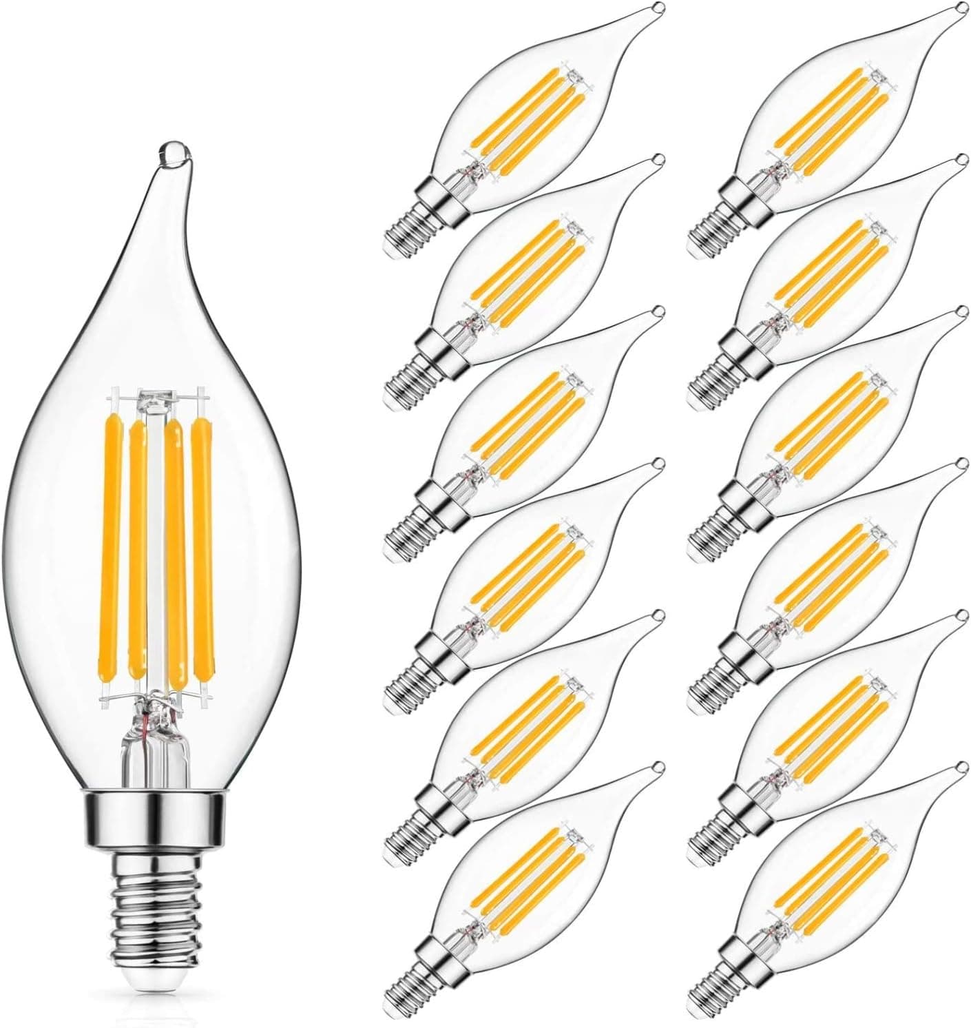LED Candelabra Bulb, 60W Equivalent, Dimmable 2700K Soft White, E12 Base LED Chandelier Light Bulbs 6W, 600LM CA11 Flame Tip LED Edison Filament Candle Bulb with Decorative Candelabra Base, Pack of 12