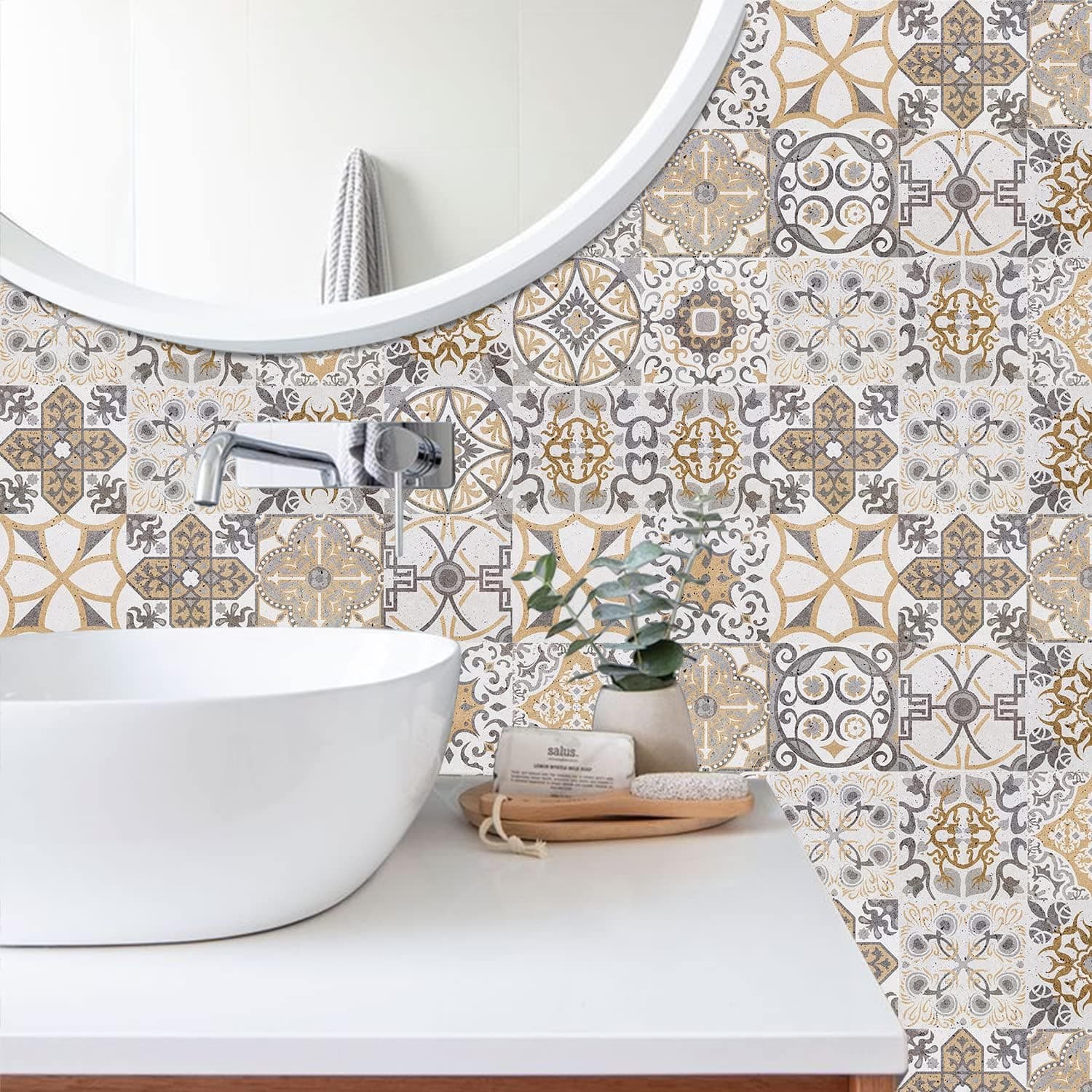 24PCS Peel and Stick Tile Stickers - Home Decor 4”x4”Kitchen Backsplash Waterproof Self-Adhesive Square Wall Sticker for Bathroom Furniture Living-Room DIY Wall Decor